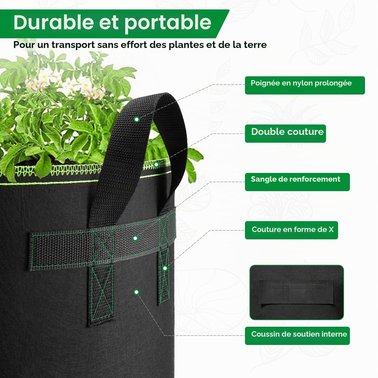 Lot de 5 sacs de culture en tissu épais, poignées étendues, pots robustes, tapis de rempotage, 60 l
