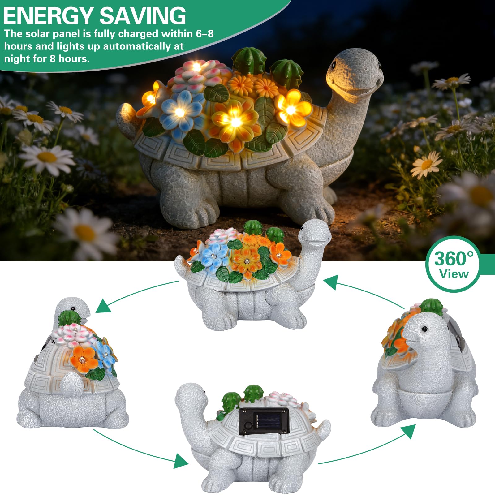 Statue Tortue Jardin Extérieur Deco Lampes LED Solaire, Ornements d'extérieur décoratifs de avec lumières à 5 LED, Sculptures et Statues de Jardin Decoration, pour Balcon Terrasse - 5