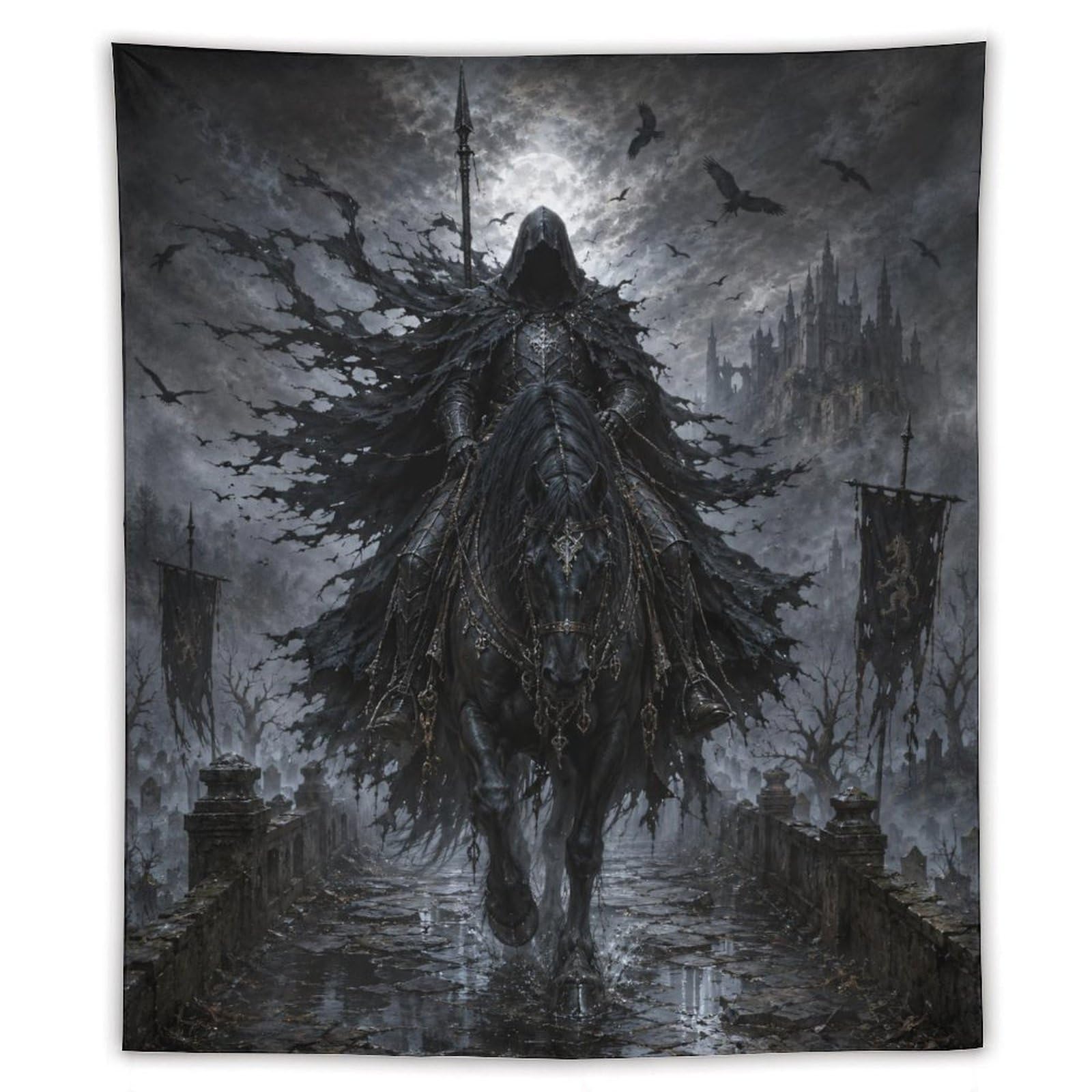 H3B8U2Y5 Storm Castle Horseman Wall Tapestry, Medieval Illustration