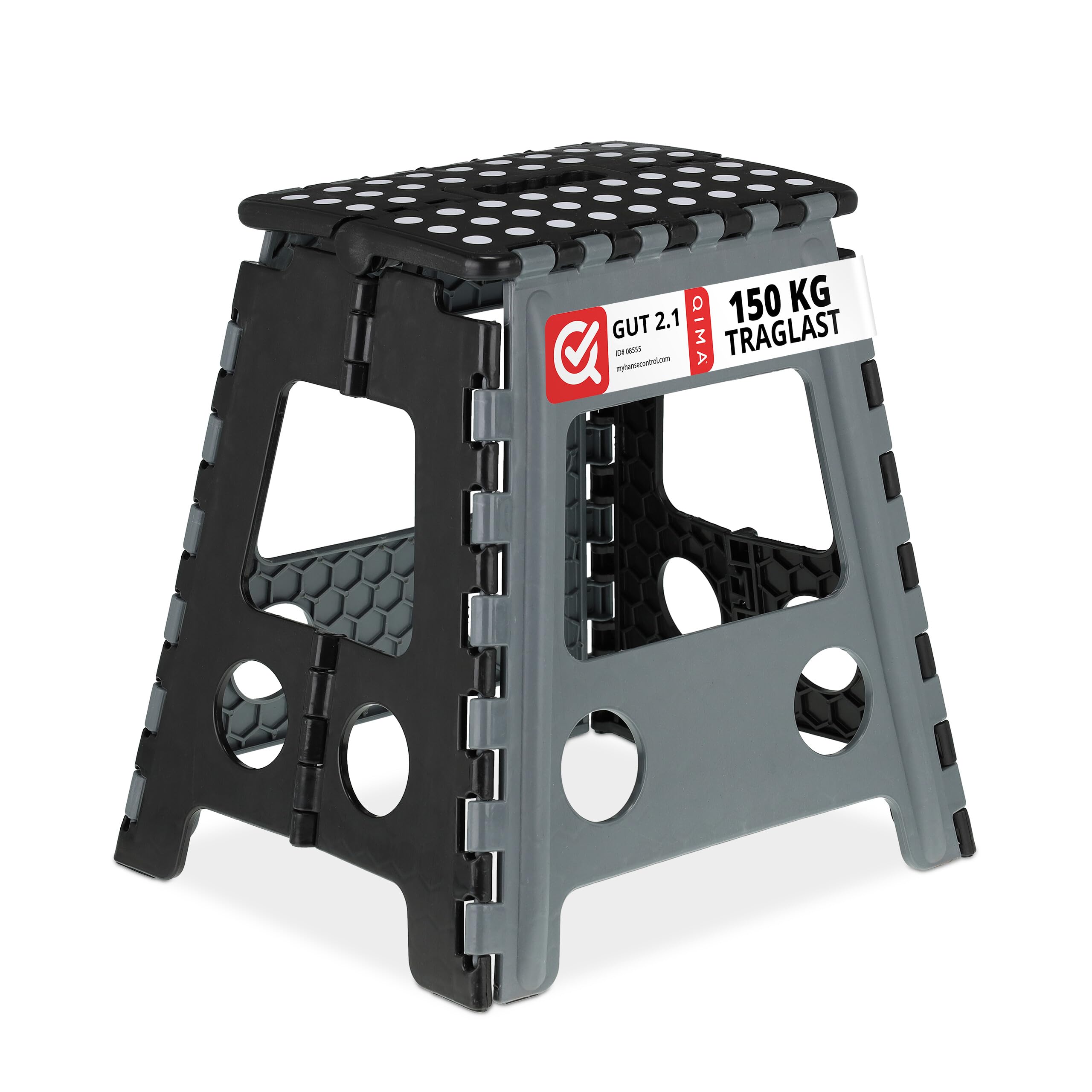 Relaxdays Taburete Plegable XL, 1 Escalón, Banqueta con Asa, hasta 150 kg, Plástico, 39 x 39 x 32 cm, Gris/Negro