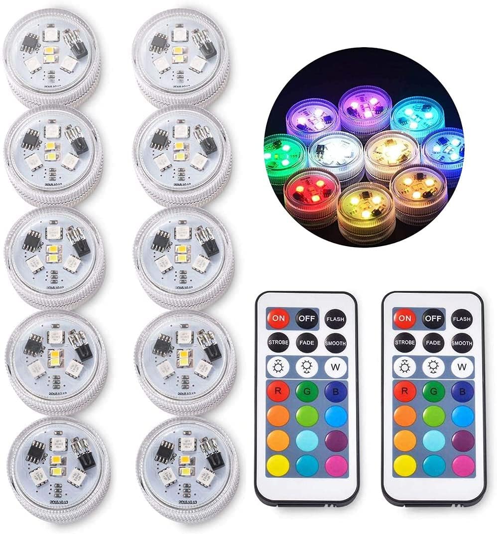Sxstar 10pcs Submersible LED Lights,Waterproof Underwater Lights,Battery Powered RGB Colour Changing Tea Lights with IR Remote Control for vase, Bowls, Aquarium and Party Decoration