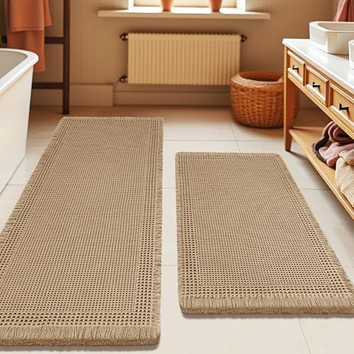 Miniatura 100 de Tapete de baño de punto gofre, moderno, tejido bohemio, absorbente, antideslizante, ultrasuave, lavable a máquina, con borlas, para baño