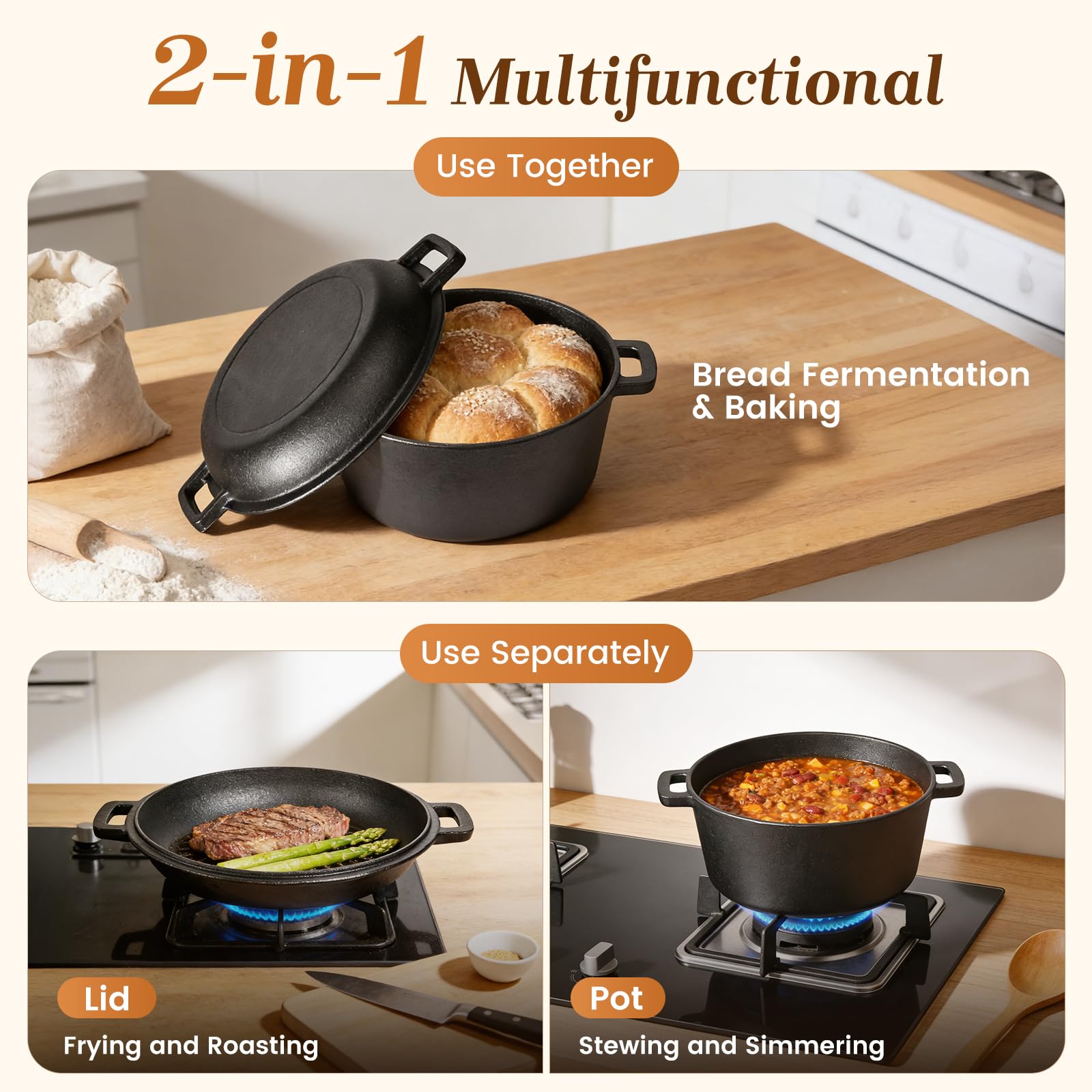 Gusseisentopf mit Gärkorb 26cm, 4.7L Brotbackset für Anfänger mit Sauerteigbackform & Zubehör, Gusseisen Topf Brot Backen mit Deckel, Dutch Oven für Brot, Schwartz