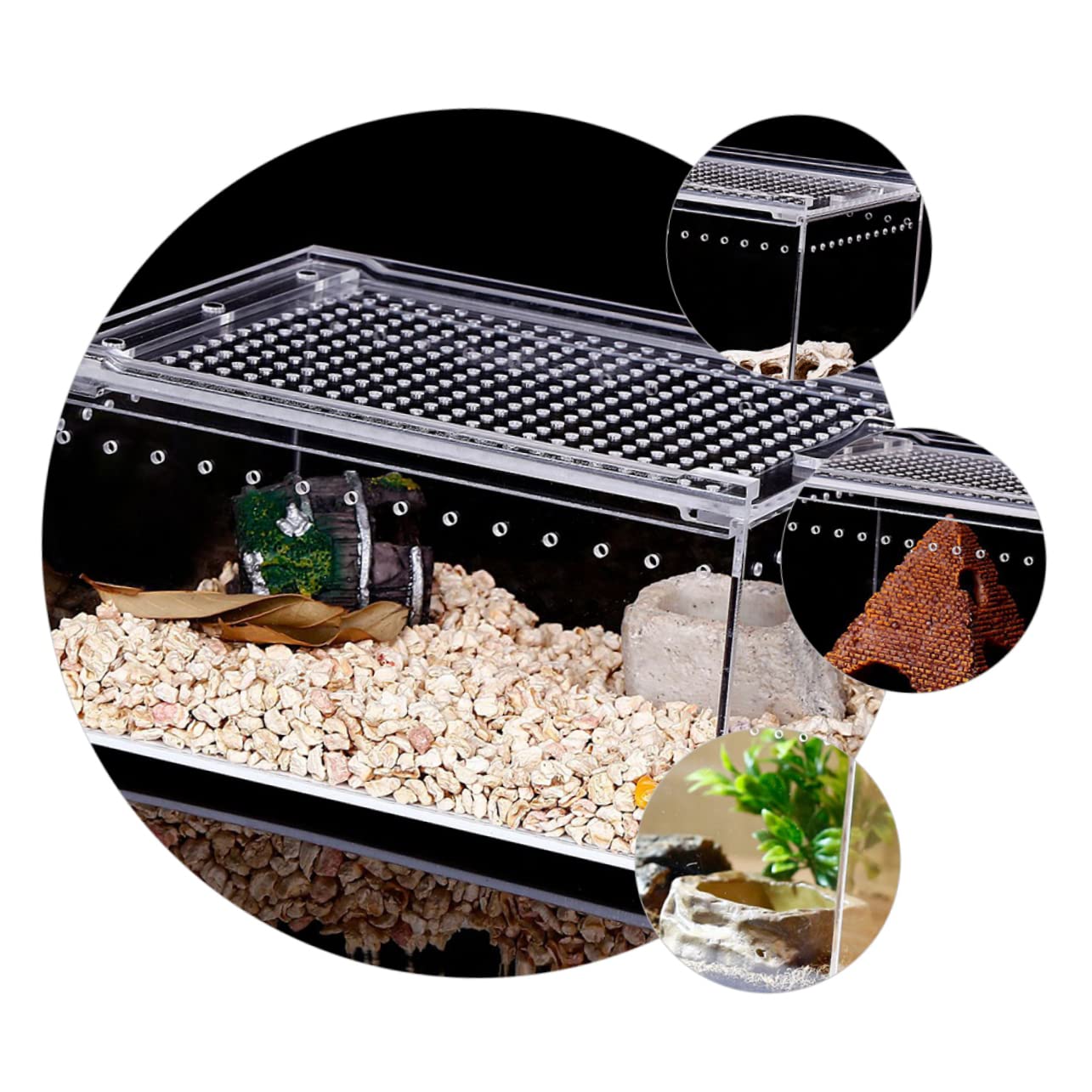 Caja de Cría de Reptiles de Acrílico Transparente a Prueba de Fugas | Montaje Integrado, Tapa con Cierre Antiescape, Alimentación Agua Fácil, para Serpientes Jóvenes y Anfibios Pequeños