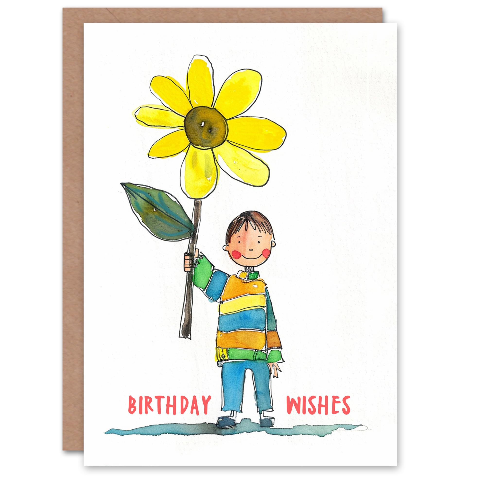 Boy With Yellow Daisy Flower Cute Child Drawing Birthday Card