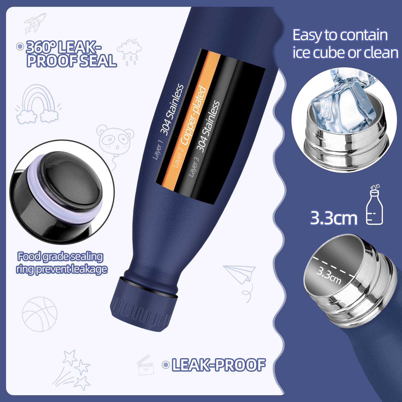 Motswedi Borraccia Termica, 500ml 18/8 Acciaio Inox, Bottiglia Termica, Senza BPA, Borraccia Acciaio Inox, 12 Ore/Freddo 24 Ore, per Scuola, Sport, Campeggio, Yoga, Palestra, Blu Scuro