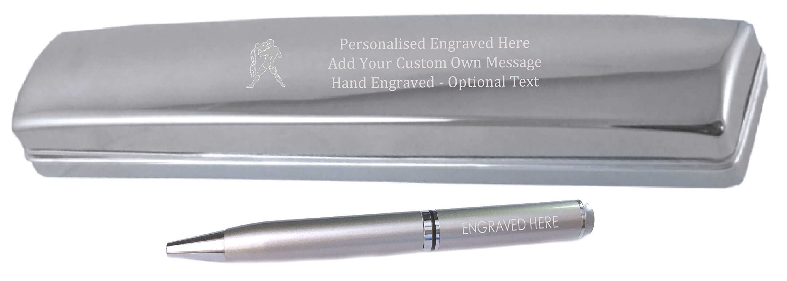 Caja para bolígrafos personalizable de color plateado y cromo satinado con grabado de acuario