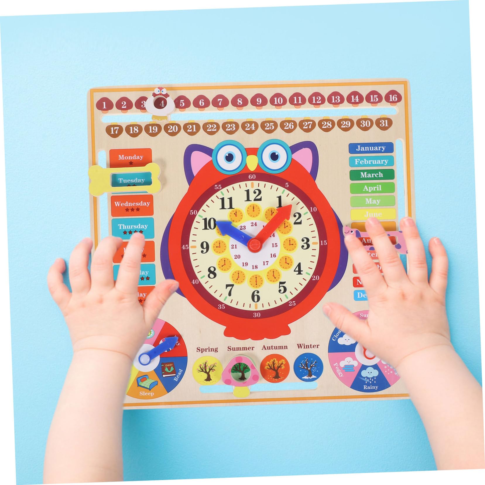 WOONEKY Reloj Didáctico de Madera Forma de Búho Juguete Educativo para Aprender la Hora y Resistente para Herramienta de Enseñanza Práctica para Desarrollo Intelectual