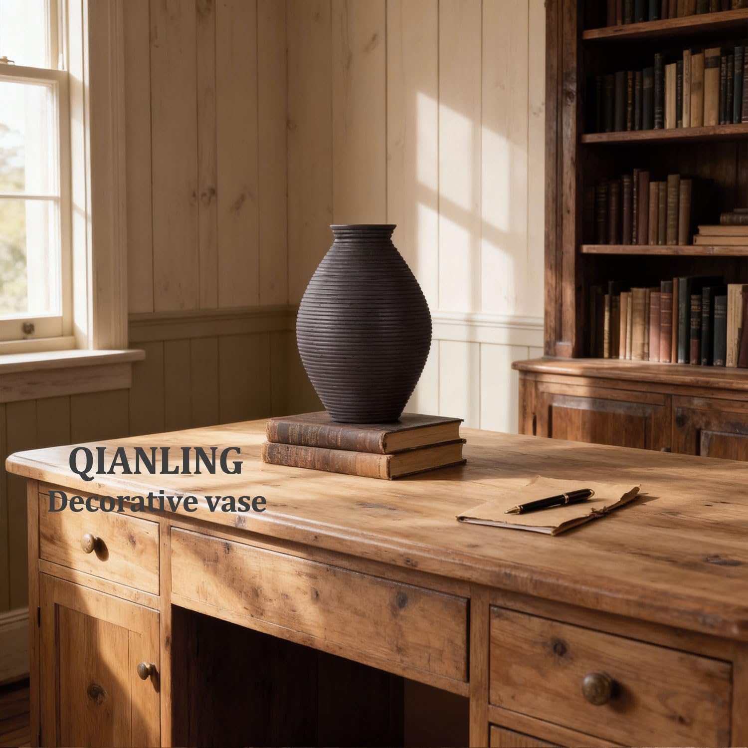 Modern Distressed Resin Vase, 8.5 Inch Rustic Farmhouse Vase for Home Decor, Minimalist Tall Vases for Living Room Table, Bathroom Holiday Weddings Book Shelf Office Coffee Desk Fireplace (Black)