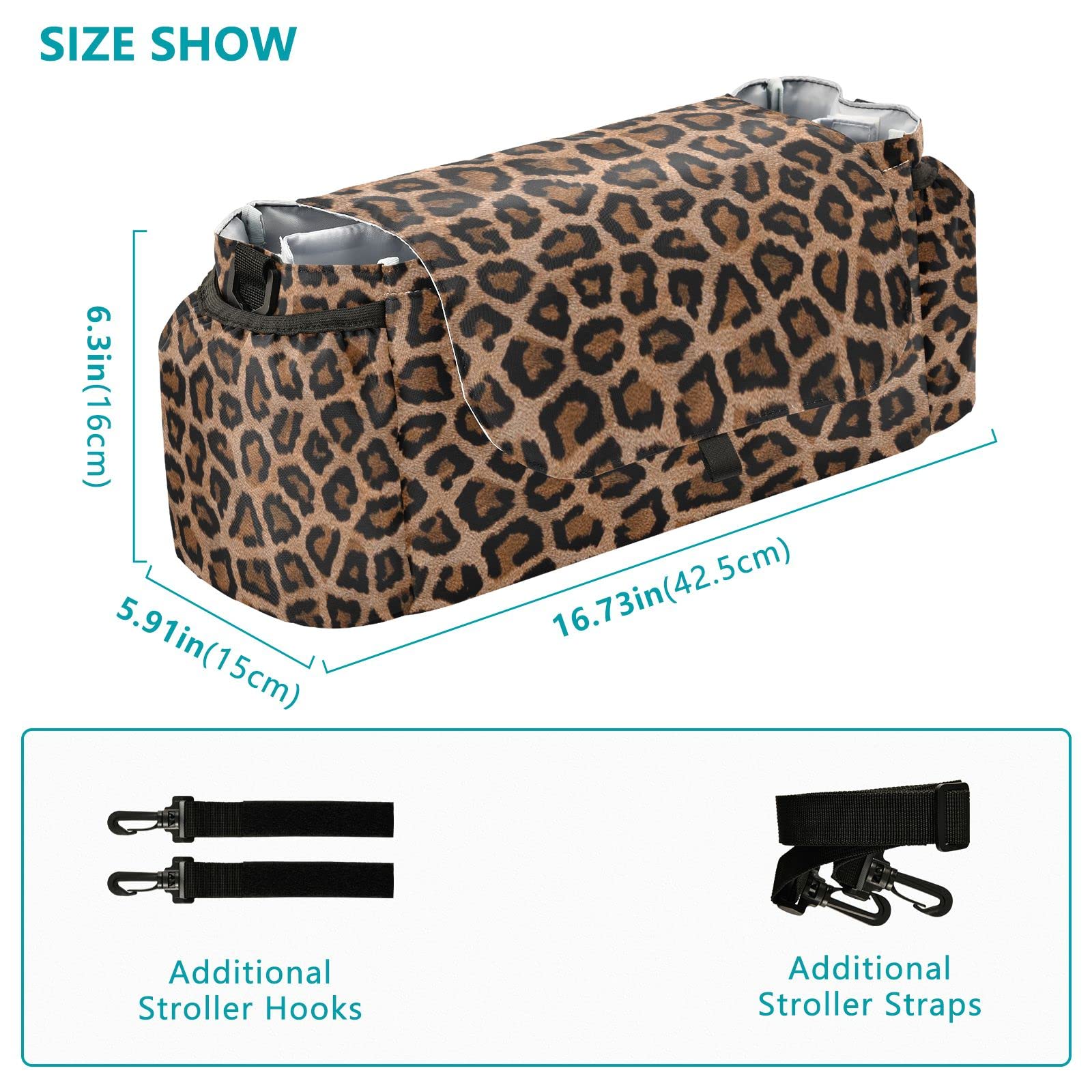 Borsa organizer per passeggino, motivo leopardato, universale, con 2 portabevande, cinghie regolabili, adatta per bottiglie, marrone, moderno