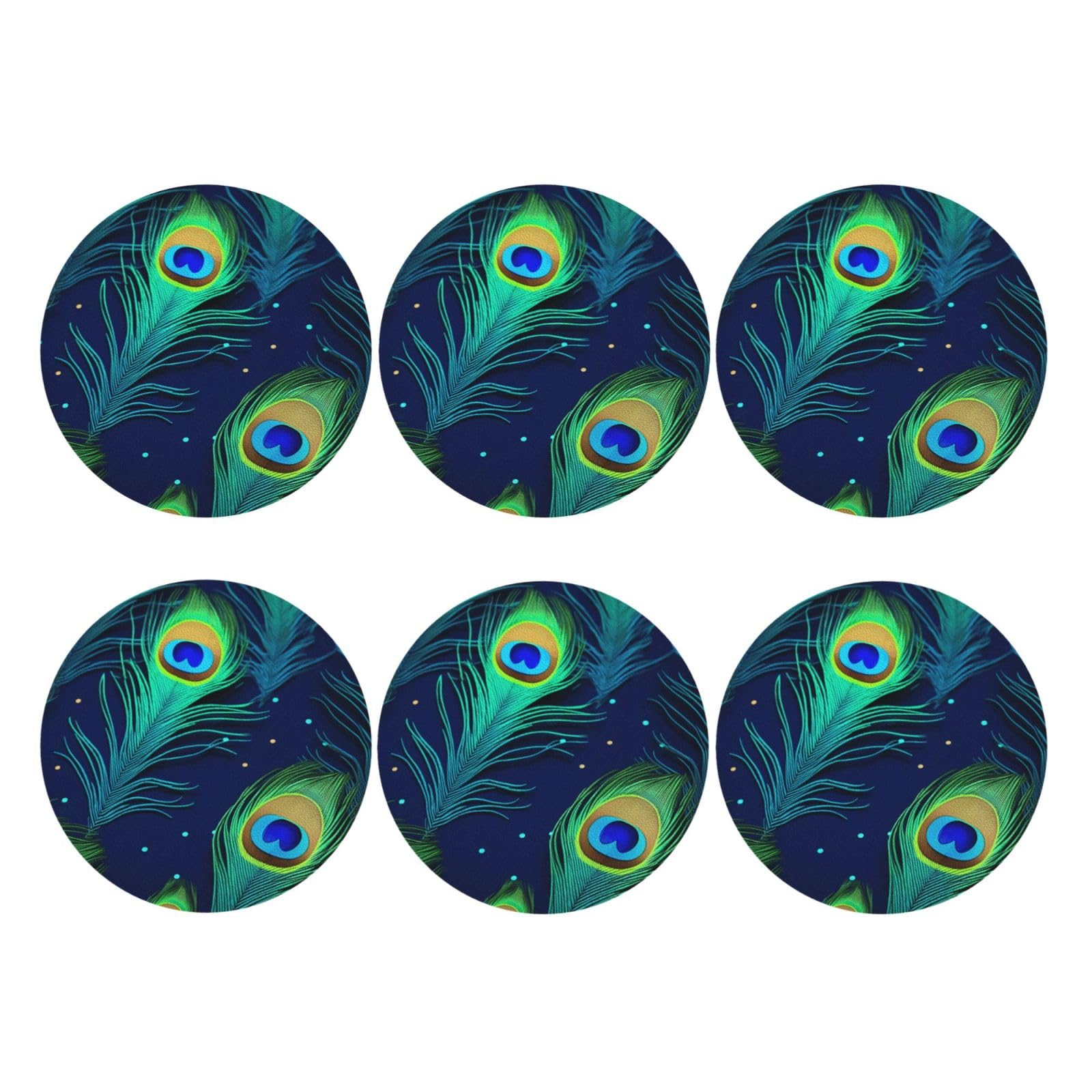 6pcs Leather Coasters for Drinks, Peacock Feather Drink Coasters for Tabletop Protection, 4" Cup Coasters for Coffee Table Decor, Non-Slip Drinking Cup Mat for Hot Or Cold Drink