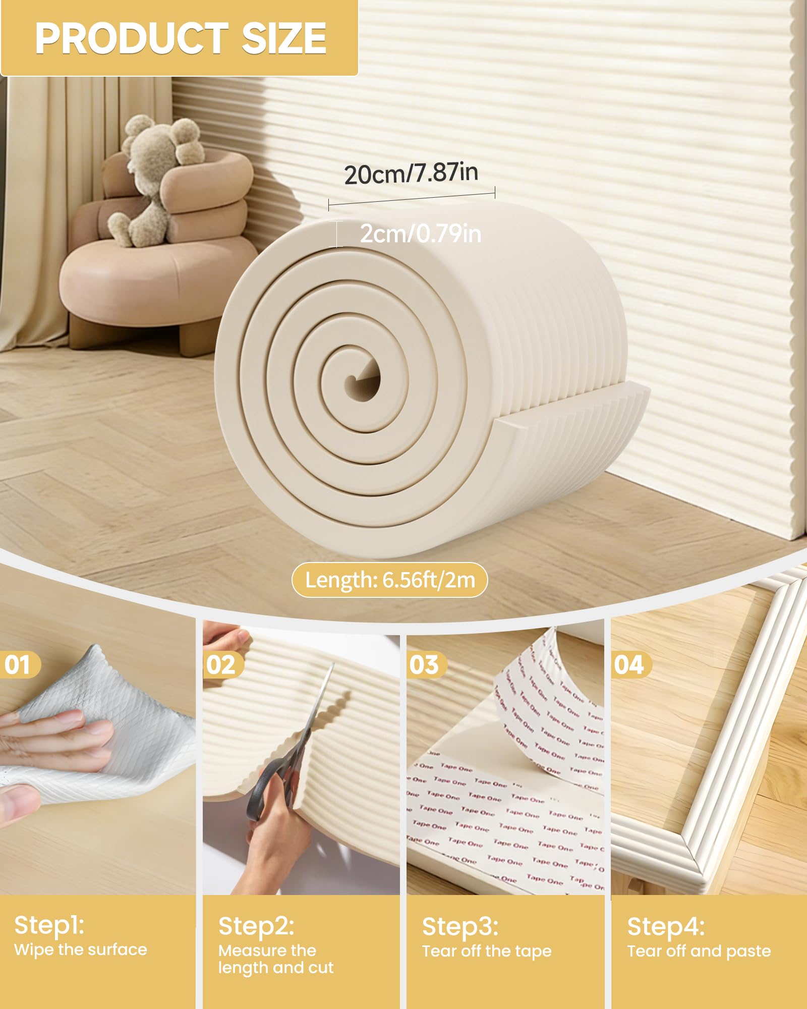 Protector de borde extra ancho de 7.9 pulgadas de ancho, 6.56 pies y 0.79 pulgadas de alto, protectores de esquina a prueba de bebés, parachoques de seguridad para muebles, presellado, acolchado