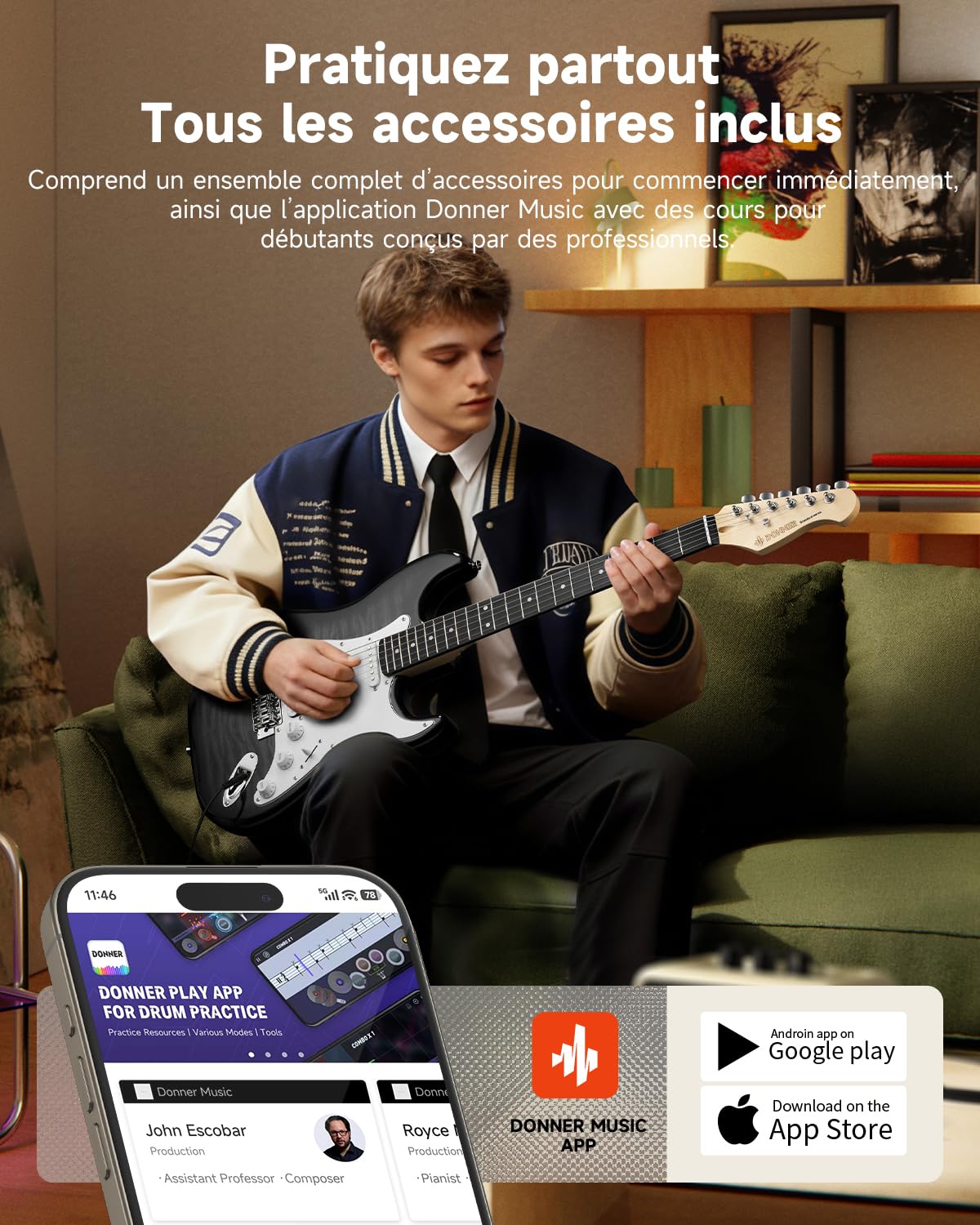 Donner DST-90 Guitare Électrique 39 Pouces, Kit Débutant Guitare Électrique avec Amplificateur, Micros HSS, Housse, Accordeur, Capodastre, Sangle, Cordes, Câble et Médiators, Black Burst