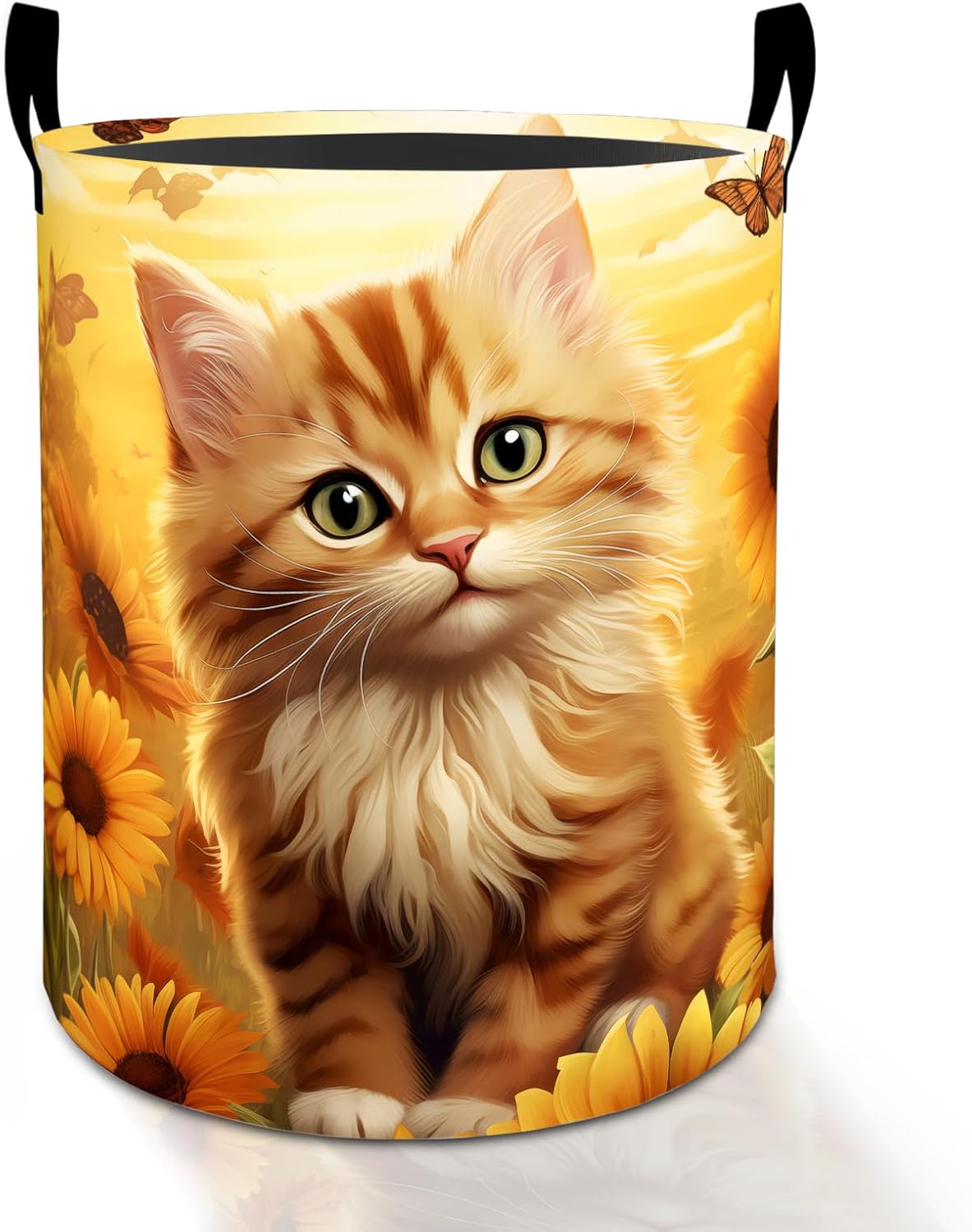 Sunflower Kitten Laundry Basket Hamper for Boys Girls Kids Adults, Foldable Waterproof Oxford Clothes Storage Bin, Cat Organizer for Bedroom Bathroom Room Decor 19.7"x15.8"
