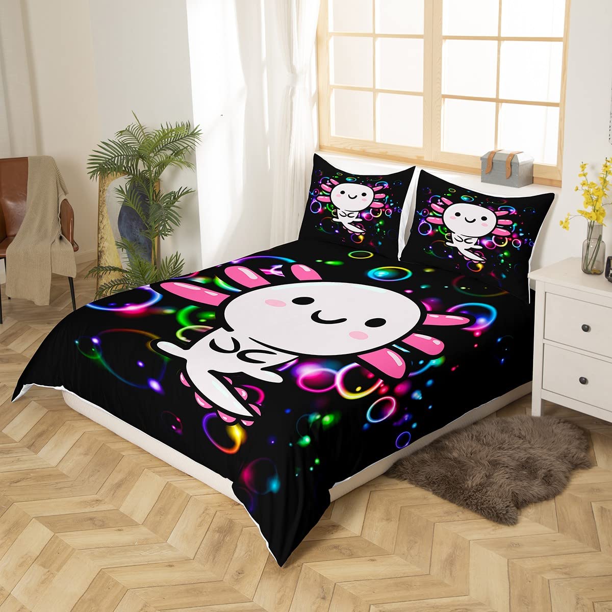 Loussiesd Cartoon Axolotl Bedding Set Kawaii Salamander Glitter Aperture Comforter Cover for Kids Boys Girls 3D Animals Duvet Cover Breathable Salamander Colorful Bedspread Cover King Size - Image 3