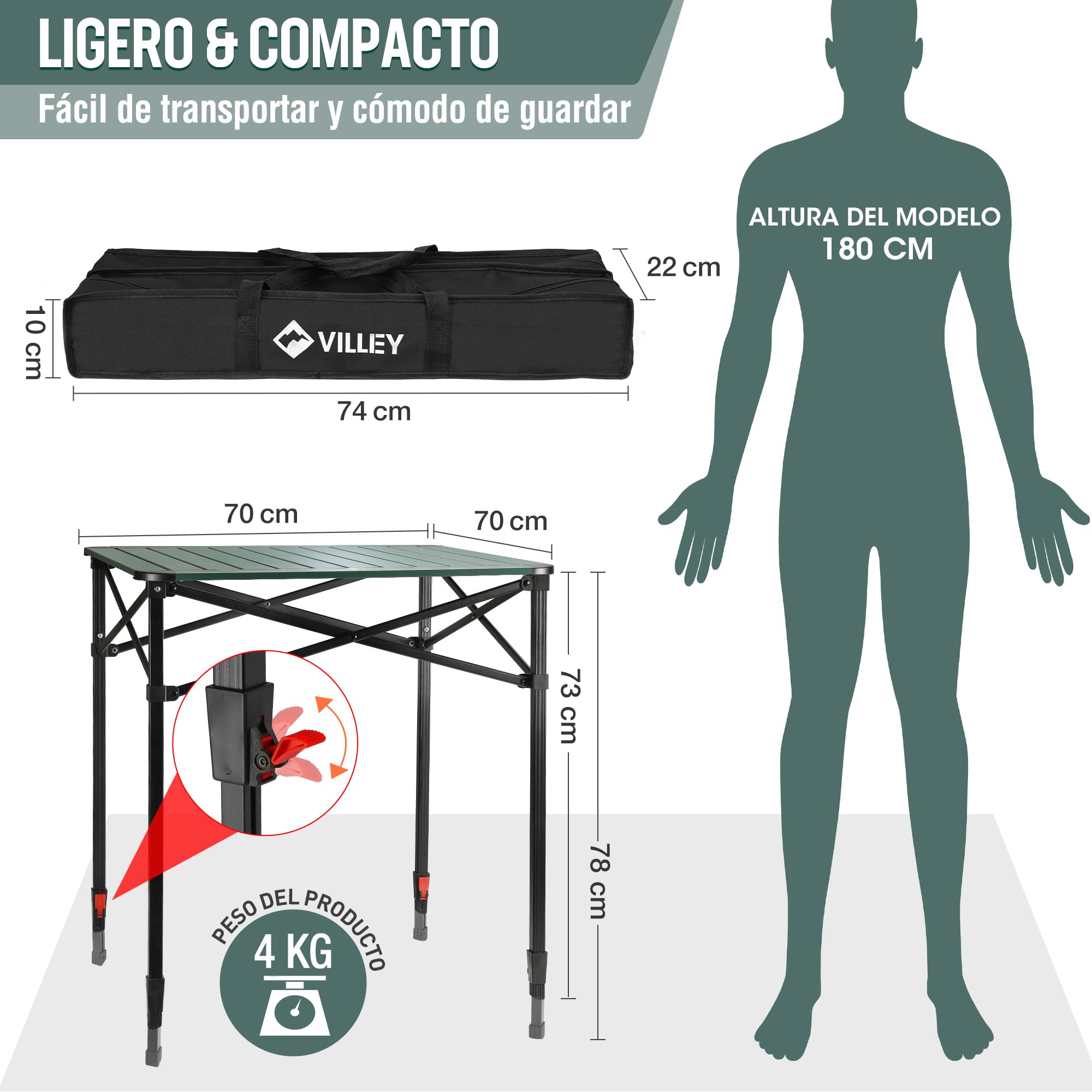 VILLEY Mesa Plegable con Bolsa de Transporte, Mesa Plegable Portátil de Aluminio, Mesa de Camping de Altura Ajustable, Mesa de Acampada para Picnic, Pesca, Camping, Playa y Extrior, 70 * 70 * 78cm