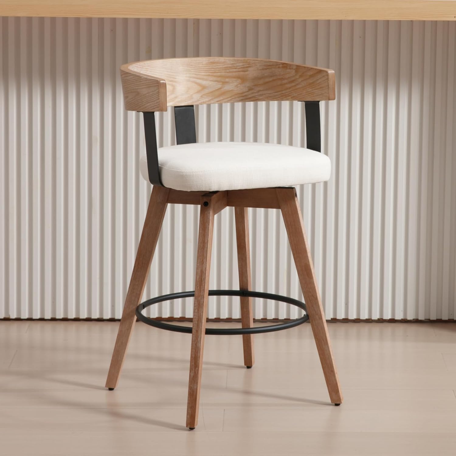 Ya-Home Mid-Century Bar Stool 1PC, 26 Inch Swivel Counter Height Stool Linen Fabric Barstool with Barrel Backrest Wooden Legs for Kitchen Island Dining Room, White