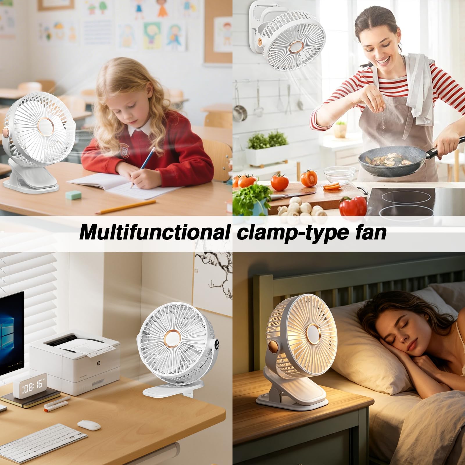 Doppelkopf Clip Ventilator, 360° drehbarer USB Klemmventilator mit 5 Geschwindigkeiten Leise, Akku Tischventilator Klein mit Nachtlicht, Ventilator zum Klemmen für Tisch/Kinderwagen/Büro (B - Schwarz)