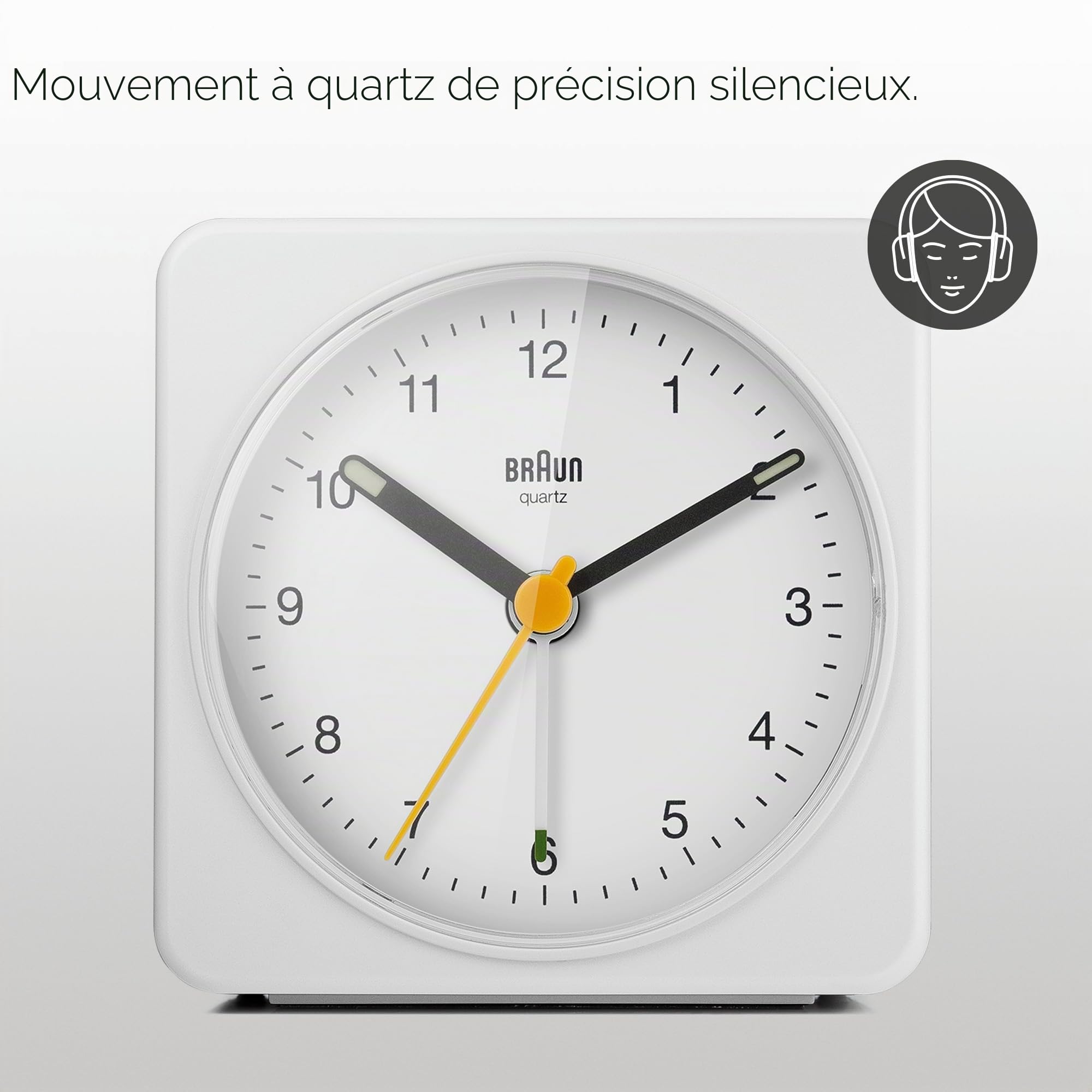Braun Classic Analogue Alarm Clock with Snooze and Light, Quiet Quartz Sweeping Movement, Crescendo Beep Alarm in White, Model BC03W.