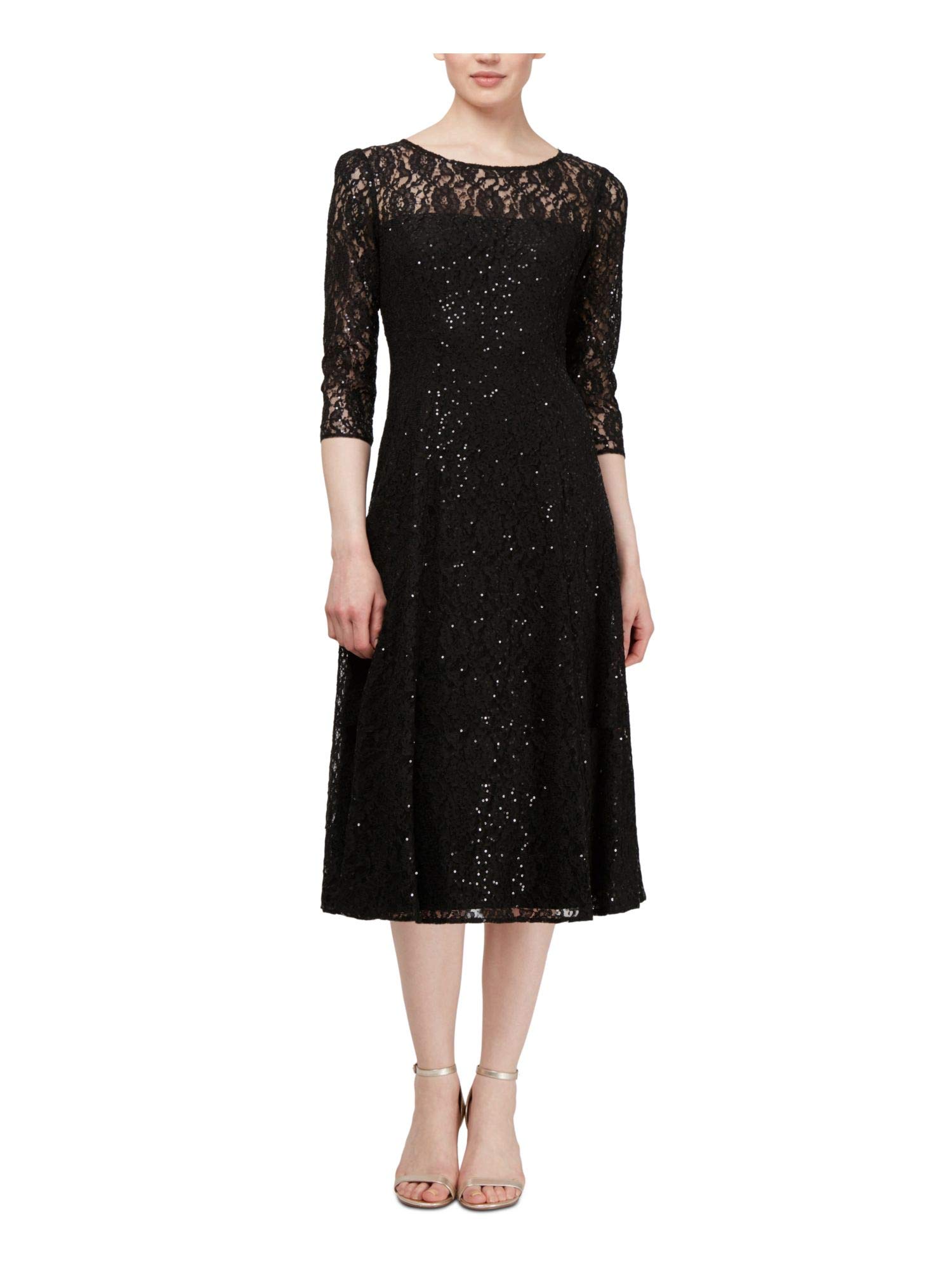S.L. Fashions Women's Sequin Fit and Flare Dress Special Occasion, Lace Black, 14