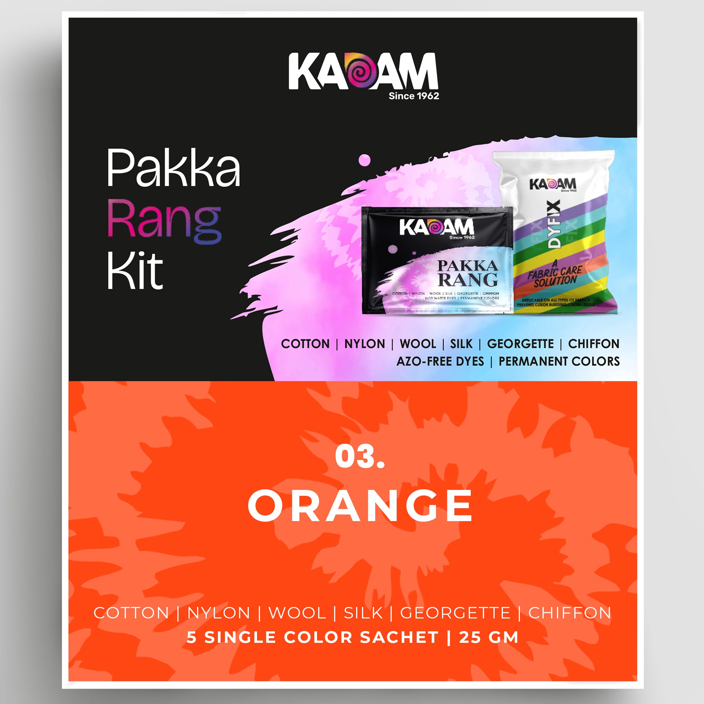 Kadam Pakka Rang Fabric Dye for Clothes Permanent, Cloth Dye Powder, Fabric Dye Clothes, Dye for Faded Jeans, 5 sachets of Shade 03 Orange Colour with 5 sachets of DyFix Colour Fixer