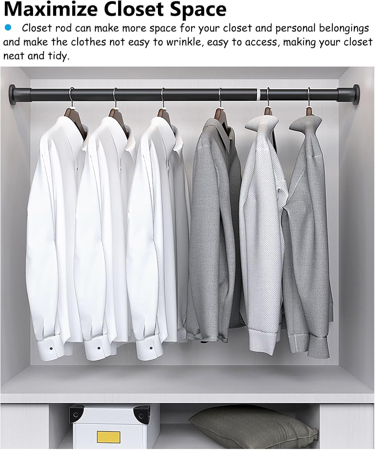 Closet Rod Adjustable Black White Closet Rod, Closet Bar for Hanging Clothes Heavy Duty, Closet Extender Rod with End Supports, for Bathroom Cabinets(Black,145-255cm(57 1/8-100 3/8"))