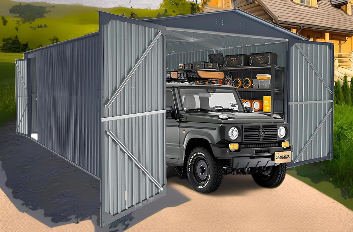 LANTRO JS 6x8FT Metal Outdoor Storage Shed, Garden Tool Shed Without Floor, Lean to Shed with Free PC Light Board and Lockable Doors for Garden Bike Lawnmower