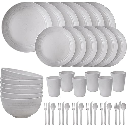 EI 42pcs Wheat Straw Dinnerware Set,Unbreakable Reusable Plastic Plates,Grey Plates and Bowls Setsfor Family Dinner,Camping,Picninc