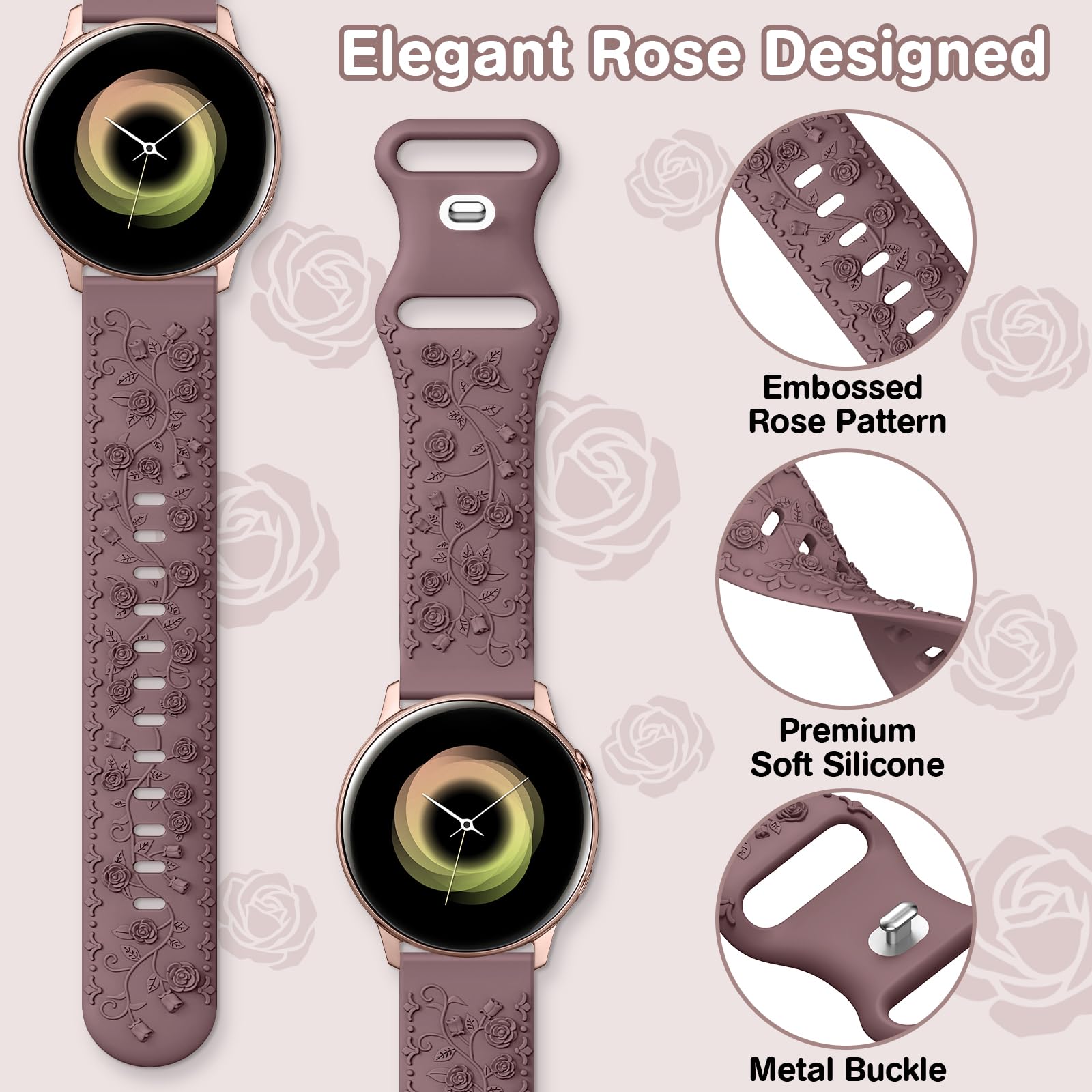 Bracelet de rechange en silicone souple avec gravure florale compatible avec Samsung Galaxy Watch 6/5/4 40 mm, 44 mm, Galaxy Watch 5 Pro 45 mm, Galaxy Active 2, Galaxy Watch 3, 20 mm