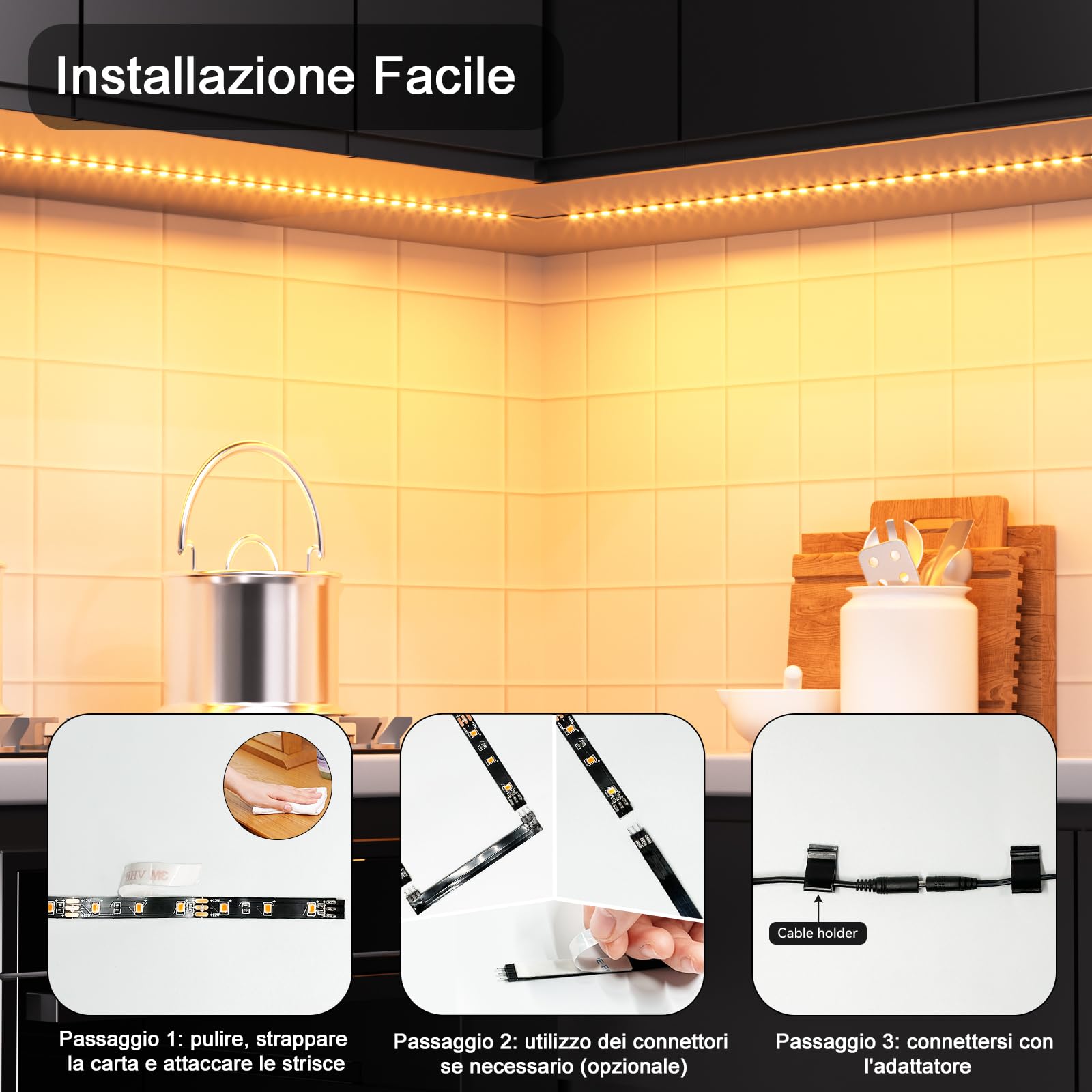 WOBANE Striscia Led Cucina Sottopensile 2 metri, 4X50cm Strisce Led Adesiva per Cucina con Interruttore e Spina, 1200LM Illuminazione Sotto Pensile per Vetrine,Scrivania,TV, Bianco Caldo 2700K, Nero