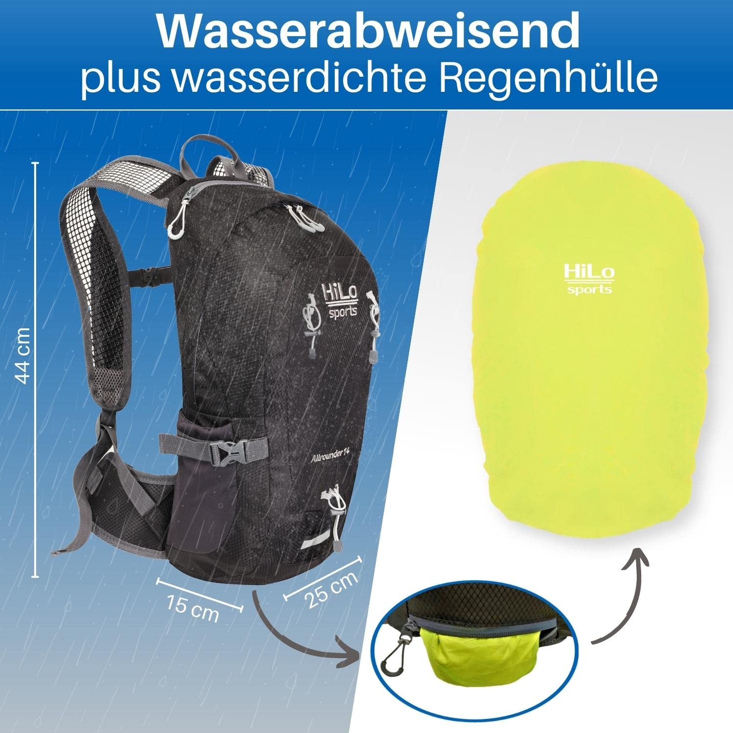 HiLo sports Radrucksack Allrounder 14 Liter - Fahrradrucksack mit Rücken Ventilationssystem - Wasserabweisender MTB Rucksack Sport - Tages Rucksack