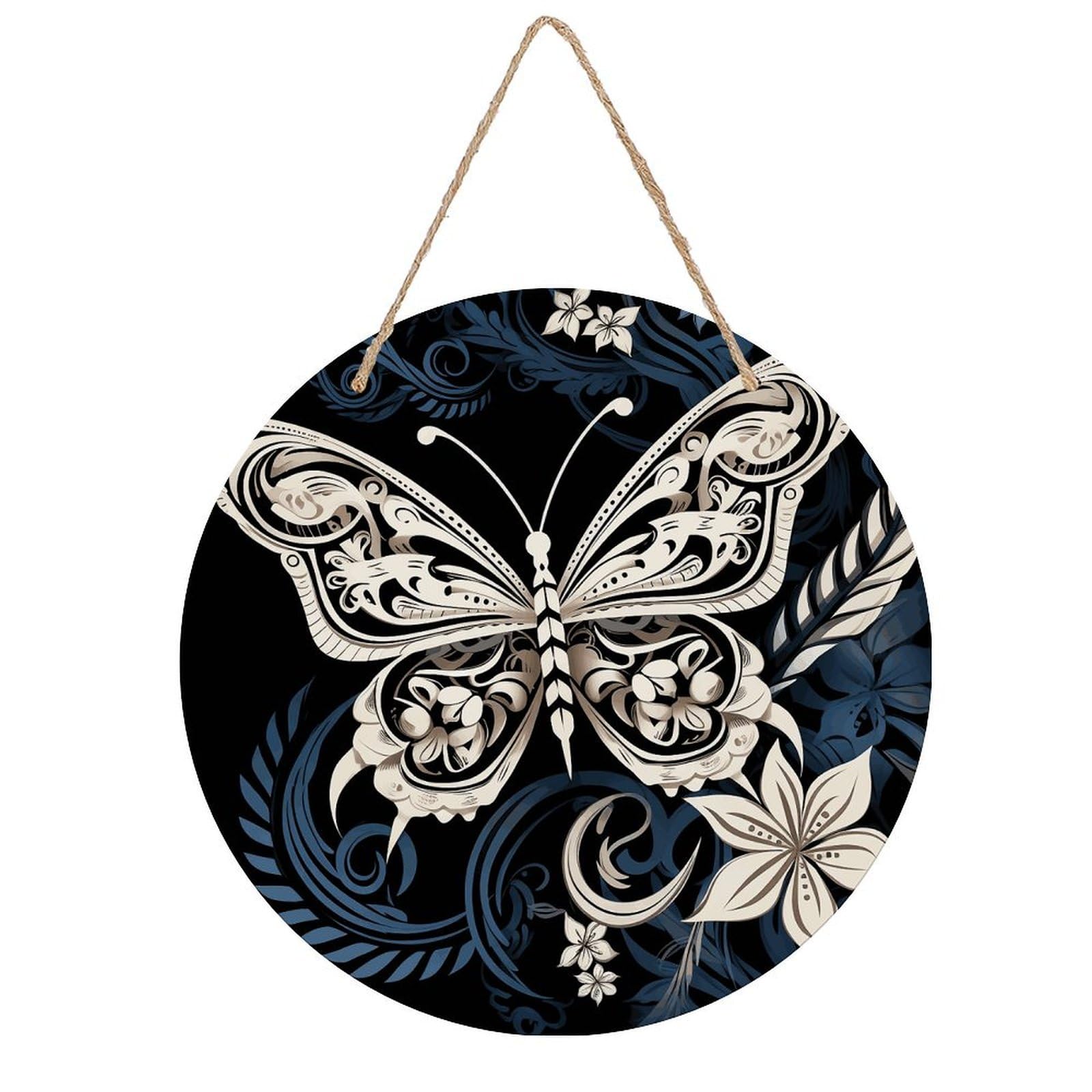 FekiLoot Round White Butterflies And Tribal Wall Art Decor Painting Wooden Hanging Sign with Ropes Bohemian Wall Hanging Retro Mid Century Modern Wall Art for Home Bedroom Living Room 7.9x7.9 in