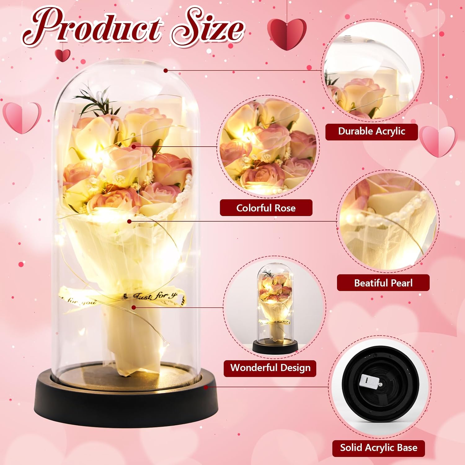 Valentine’s Day Rose Gift for Her – Forever Preserved Flower Bouquet in Glass Dome with Light, Preserved Roses for Anniversary, Birthday, or Romantic Gifts for Mom, Wife, Grandma, or Friend - Image 3