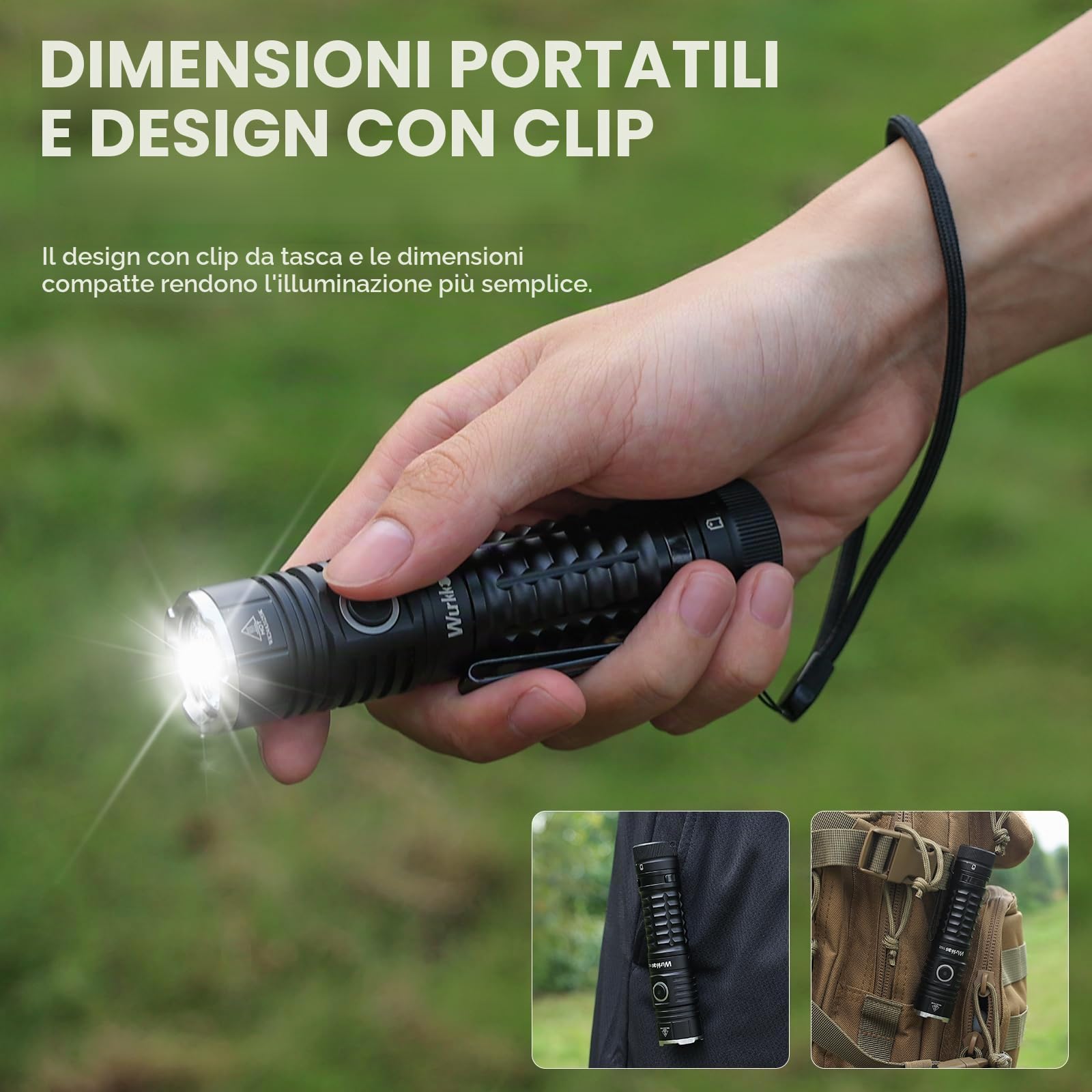 Wurkkos TS22 Torcia LED estremamente luminosa, 4800 lumen ricaricabile XHP70.3 HI, IPX68, torcia tattica impermeabile con 6 modalità per campeggio, attività all'aperto, emergenze, CRI90