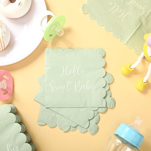 Miniatura 3 de 100 hojas de servilletas festoneadas de color verde salvia para baby shower, servilletas de cóctel para niñas y niños, 5 x 5 pulgadas, servilletas