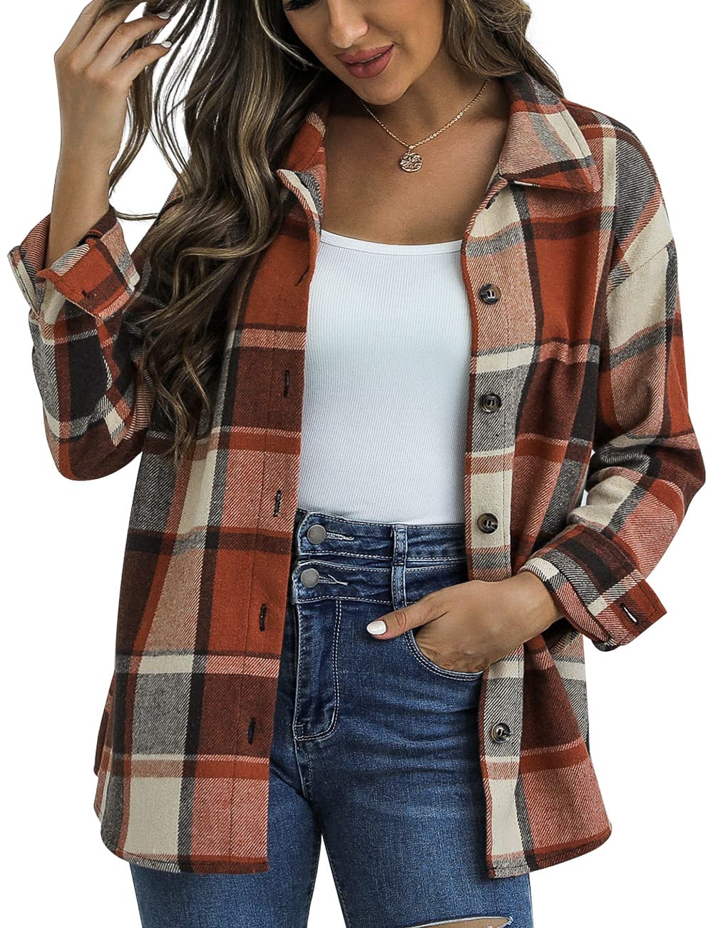TraleubieWomen's Flannel Jacket Plaid Shacket Lapel Button Down Long Sleeve Shirt Color Block Casual Coat