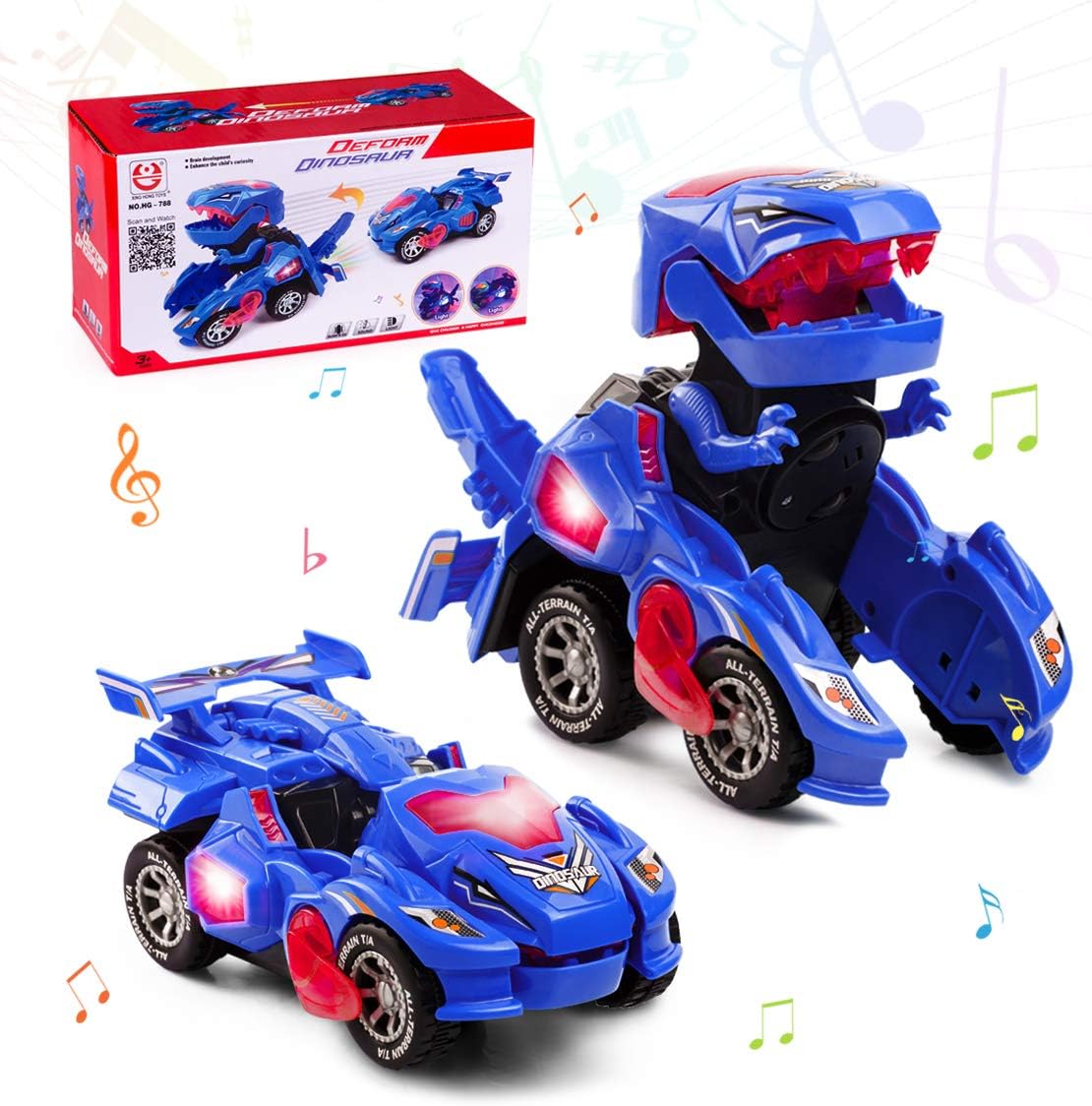 Highttoy Dinosaur Transformer Toy from 3 4 5 6 Years, Automatic Deformation Dinosaur Car Toy with Lights and Music, Gifts from 3 Years Boys Girls, Blue