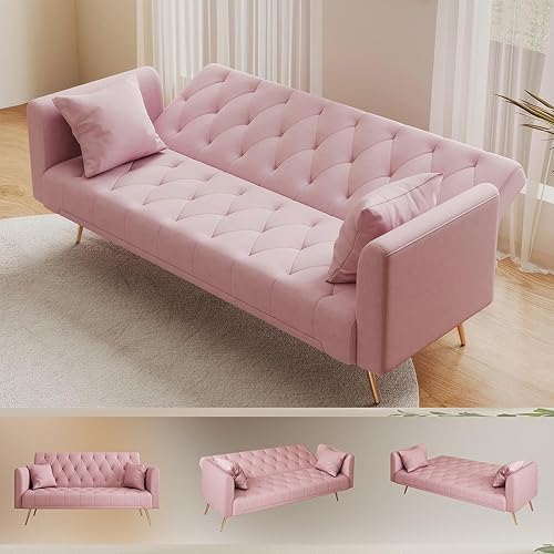 Miniatura 64 de Sofá cama moderno de terciopelo de 72 pulgadas, sofá cama plegable convertible con 3 respaldos ajustables, asiento reclinable copetudo con patas