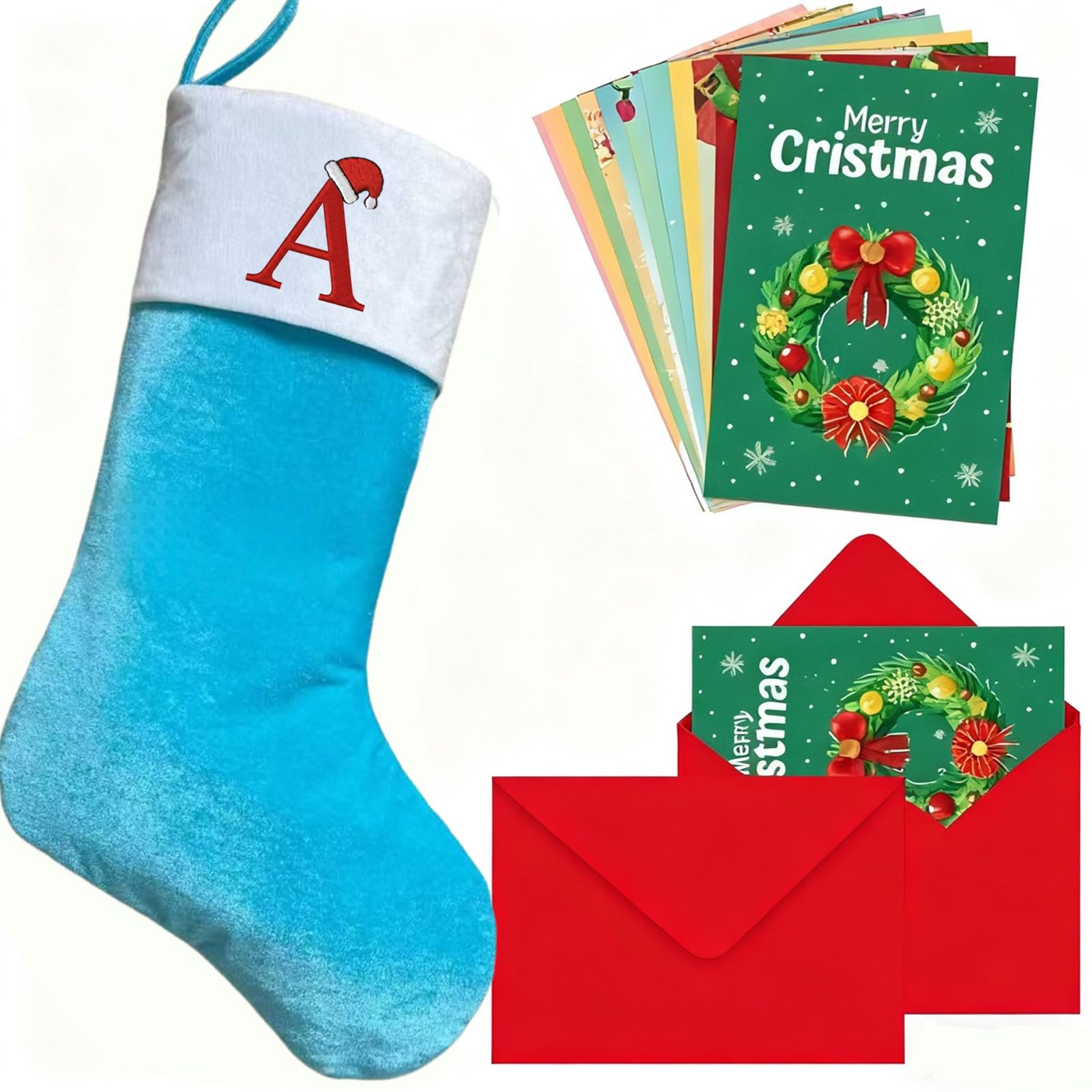 mememom Christmas Stockings with Initials,Personalized Letters Xmas Stocking for Kids, Large Super Soft Embroidered Monogram Christmas Stocking,Holiday Family Stocking Decoration (Lake Blue Letter A)