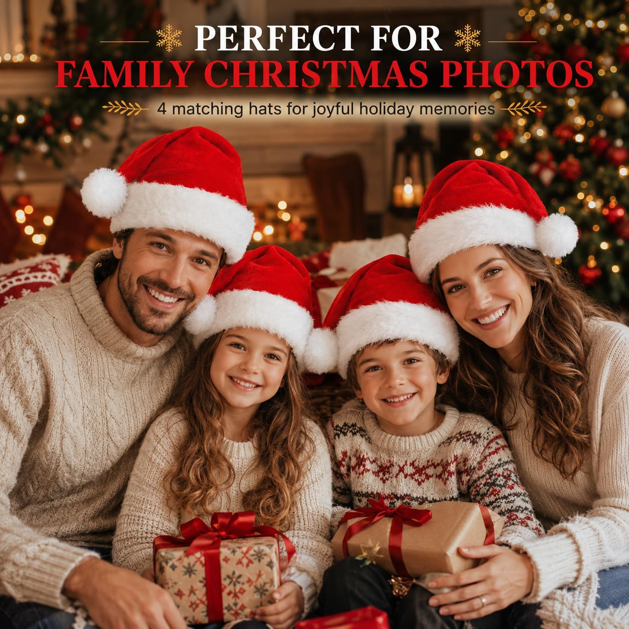 Paquete de 4 gorros de Papá Noel, gorro de Papá Noel de felpa para fiesta de Navidad, tamaño adulto
