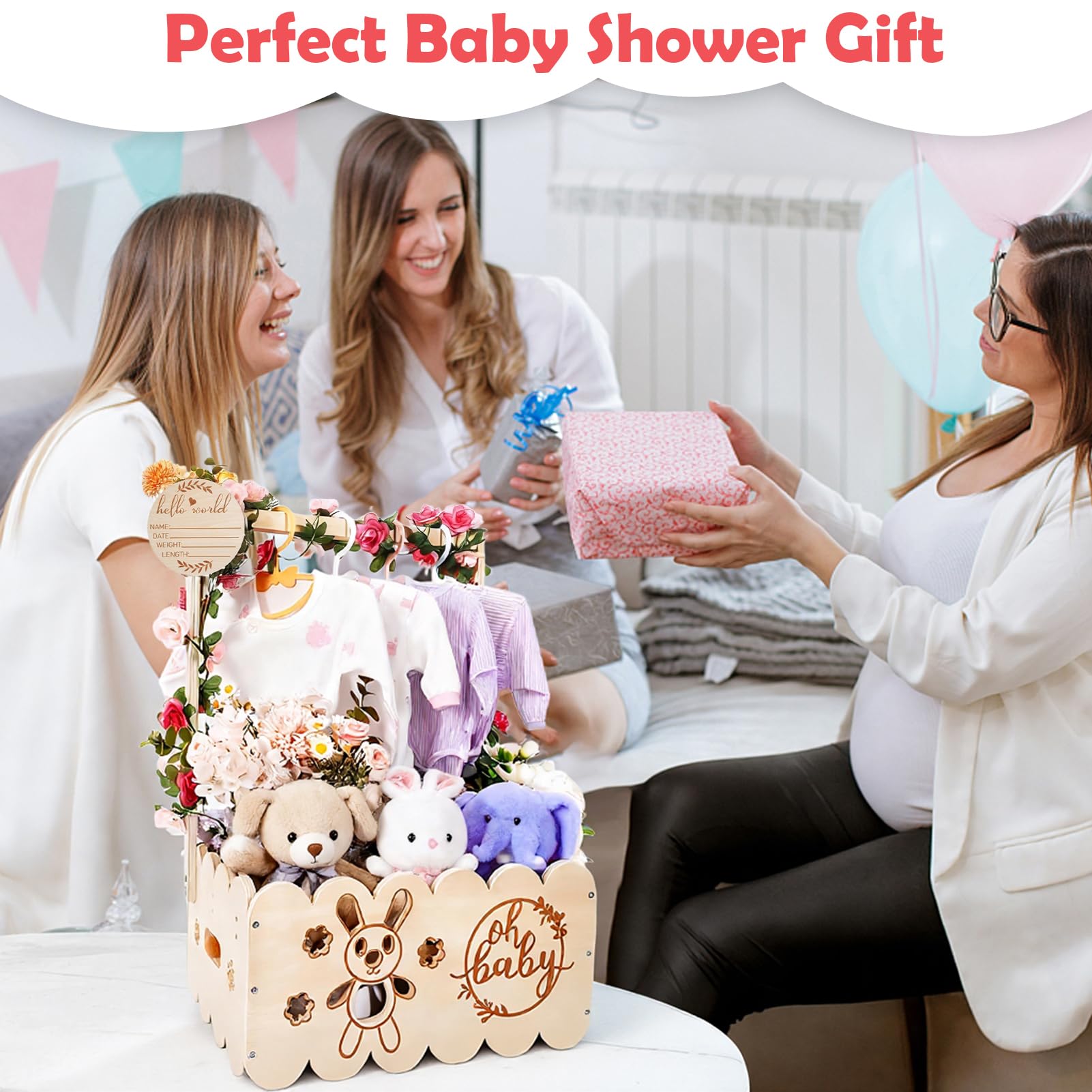 Holz Baby Geschenk Korb mit Griff - Baby Aufbewahrungskorb, Babyparty Schrank mit Namensschilder Holz, Girlanden Kunststoff und 4 Kinder KleiderbüGeln für Neugeborene Babyparty Neue Eltern