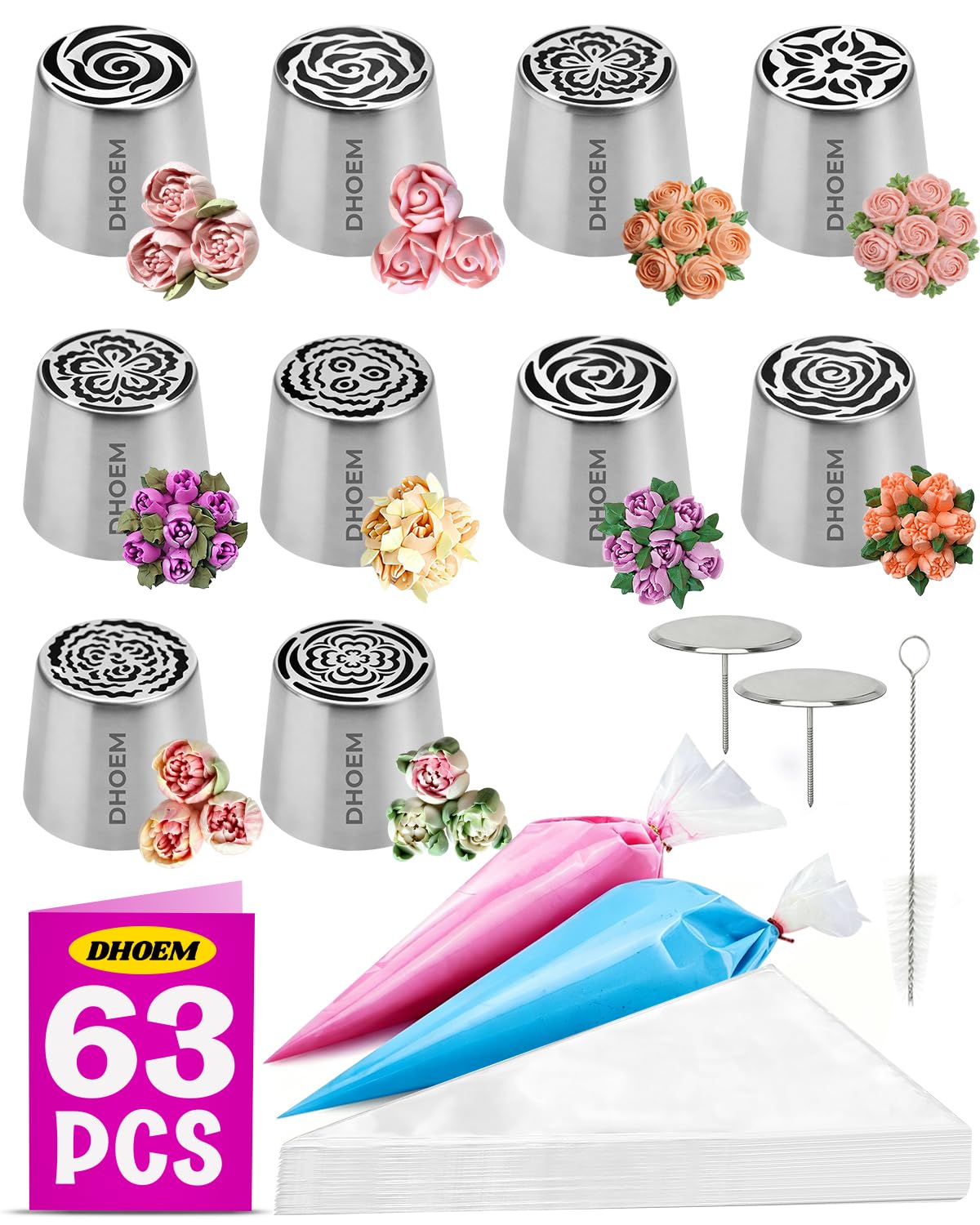Juego de 62 boquillas rusas de acero inoxidable, 10 boquillas de flores para hornear para decoraciones de flores: rosas, tulipanes, ramos de crema de mantequilla de malvavisco, suministros de
