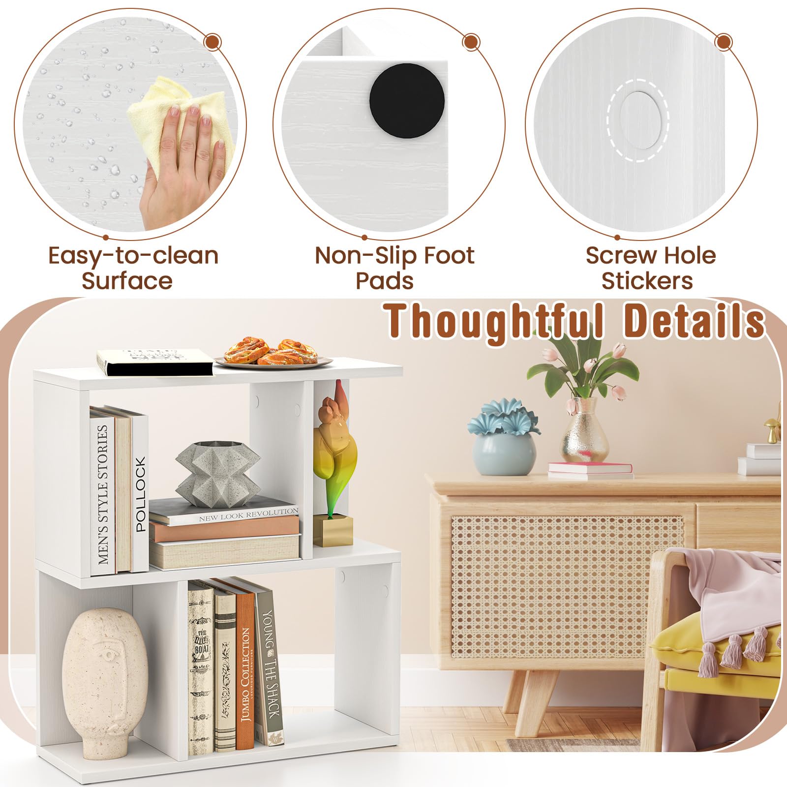 LIFEZEAL Tavolino da Divano, Tavolino Laterale da Salotto, a Forma di S, Bianco, Libreria a 3 Ripiani, Scomparti Aperti, Combinazione Libera, Salvaspazio, Moderno, per Soggiorno, 50x17,5x55,5cm