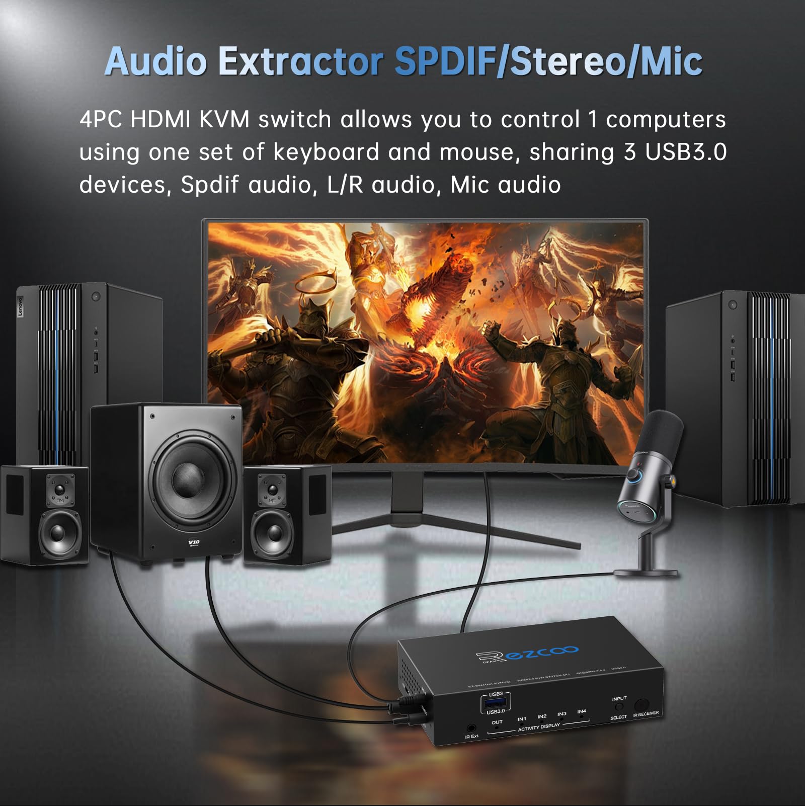 USB3.0 HDMI KVM Switch 4 Port 4 In 1 Out 4K 60Hz 4 In 4 Out SPDIF 5.1 Audio Breakout Mouse/Keyboard/Wireless USB for PC,Printer,Scanner,Windows,Linux, HDR HDMI Auto Switch 4x1,IR Remote KVM 4X1