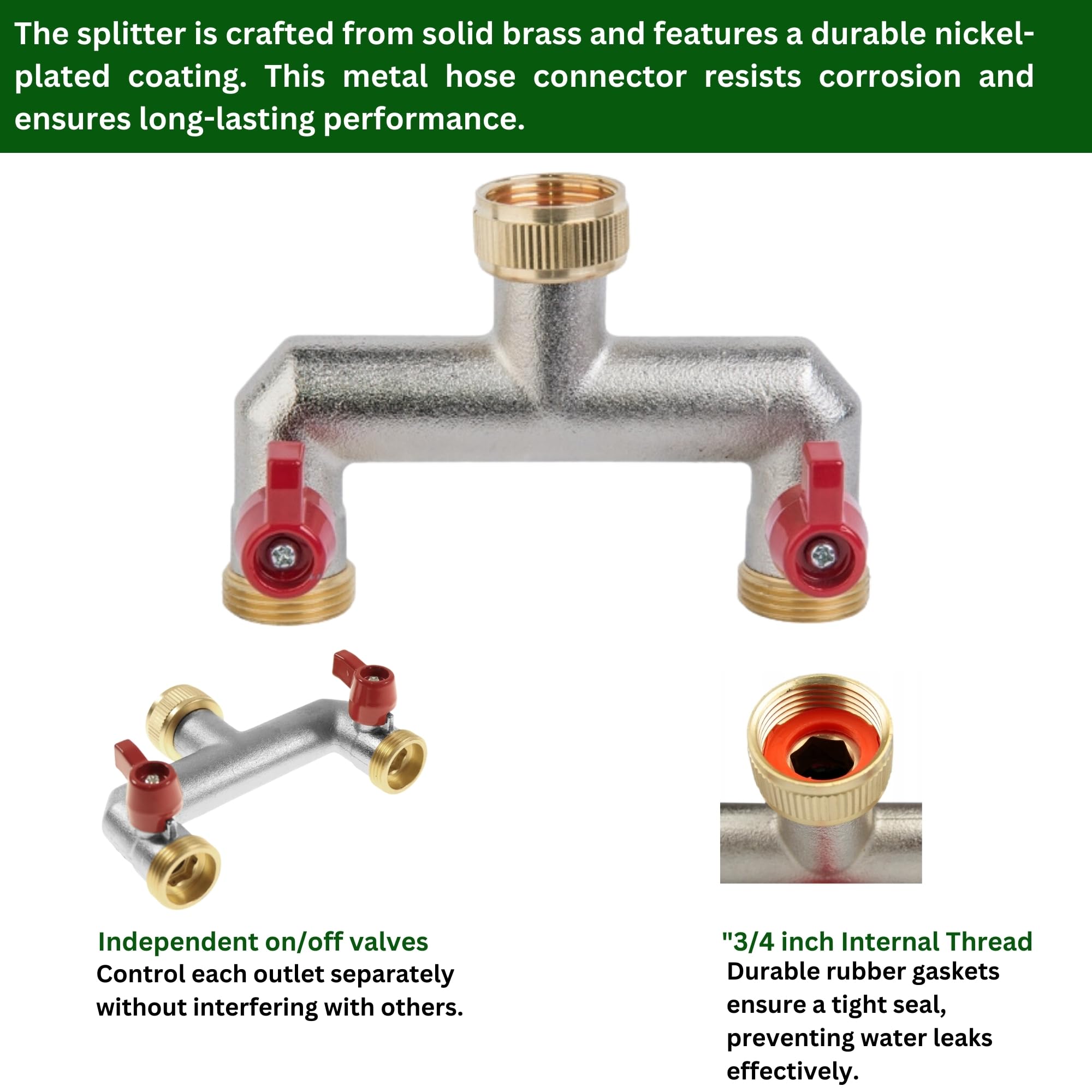 MYPURECORE Brass 2-Way Garden Hose Tap Splitter with PTFE Tape - Durable 3/4" Outdoor Tap Connector with Individual Valves - Image 3