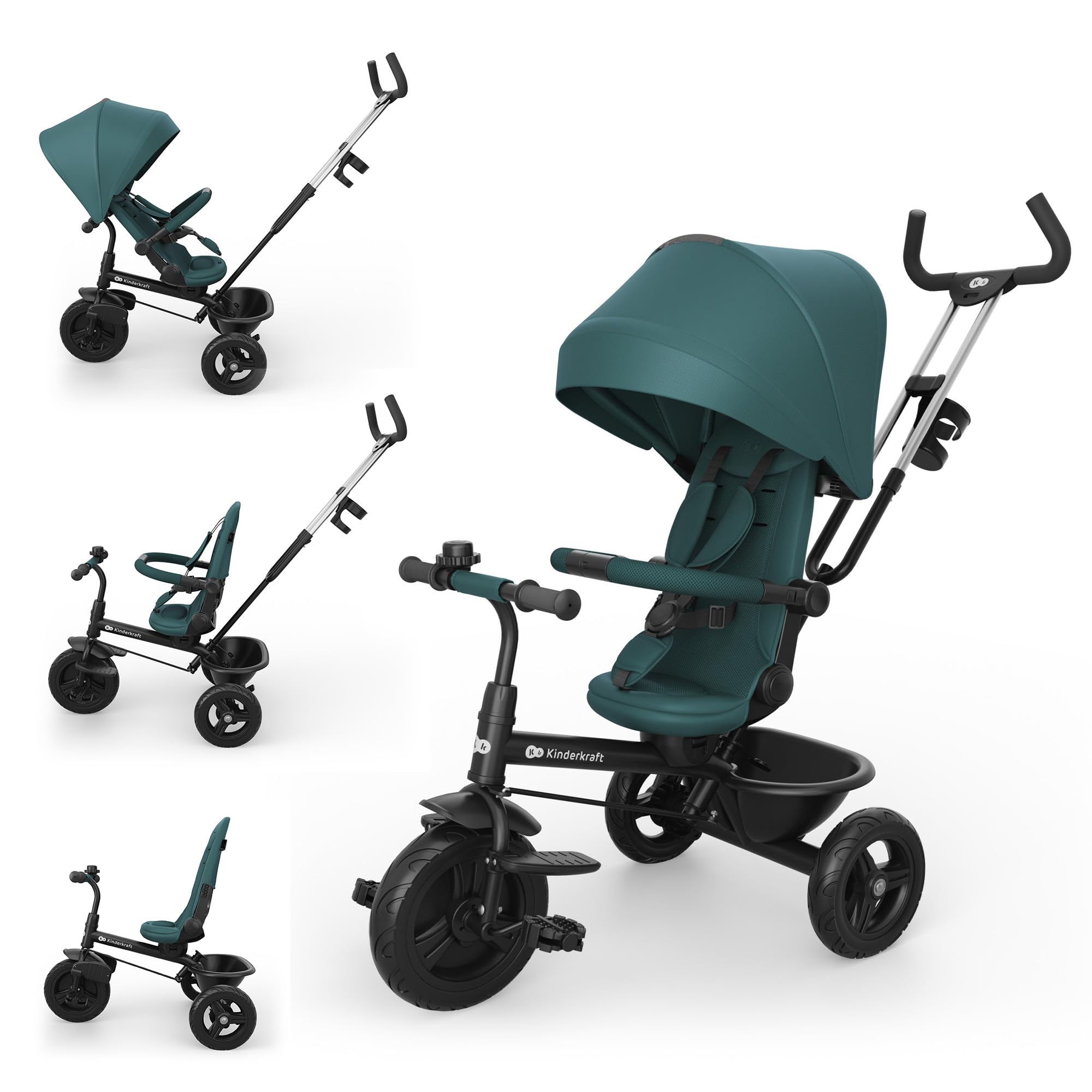 Kinderkraft ASTON 2 PLUS triciclo bambini 6 in 1, seduta 360°, posizione semi-reclinata, maniglione genitori, capottina, pedali liberi, Verde