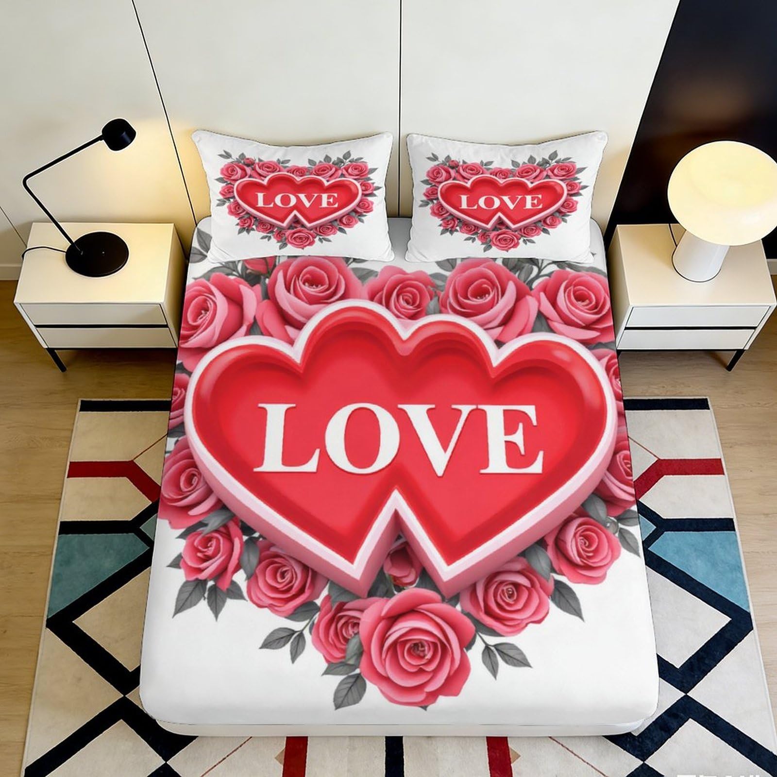 3D Printed Red Heart Rose Fitted Sheet Microfiber Soft Bed Cover for Bedroom Guestroom Machine Washable 90x200x25cm