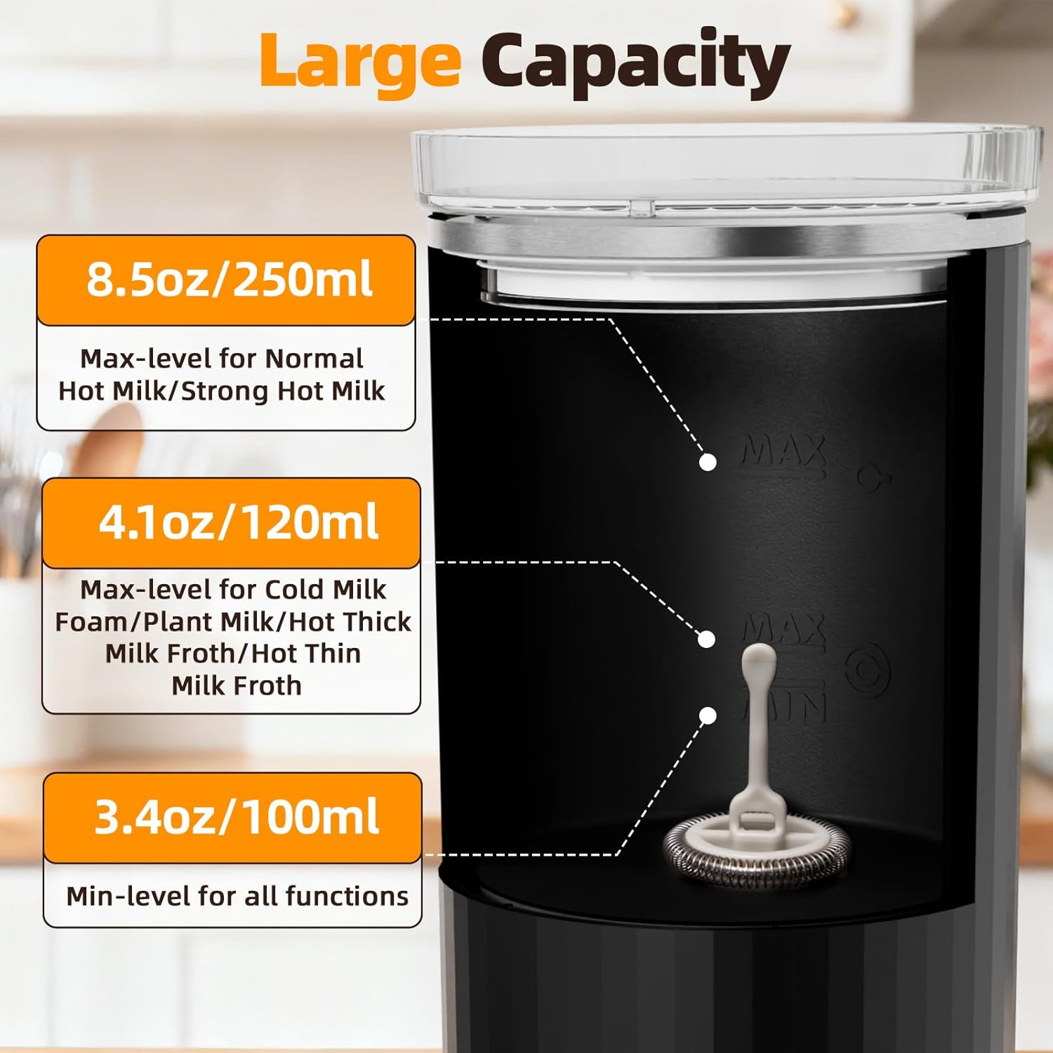 Milk Frother, 6-in-1 Electric Milk Steamer, 8.5oz/250ml Automatic Warm and Cold Foam Maker and Milk Warmer for Latte, Cappuccinos, Macchiato, From the Makers of Instant 400W, Black