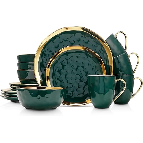 Stone Lain Florian Modern Porcelain 16 Piece Dinnerware Set, Plates and Bowls Set, Dish set for 4, Green and Golden Rim