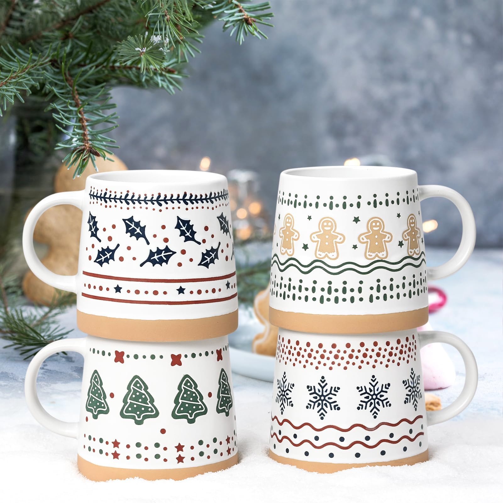 Joymaking Tasse Weihnachten Set Weihnachtsgeschenke für Frauen Freunde Kaffeetasse mit Weihnachtsbaum Schnee Lebkuchenmann Weihnachtstasse für heißen Kakao Glühwein, 400ml 4er Set Weihnachtstassen